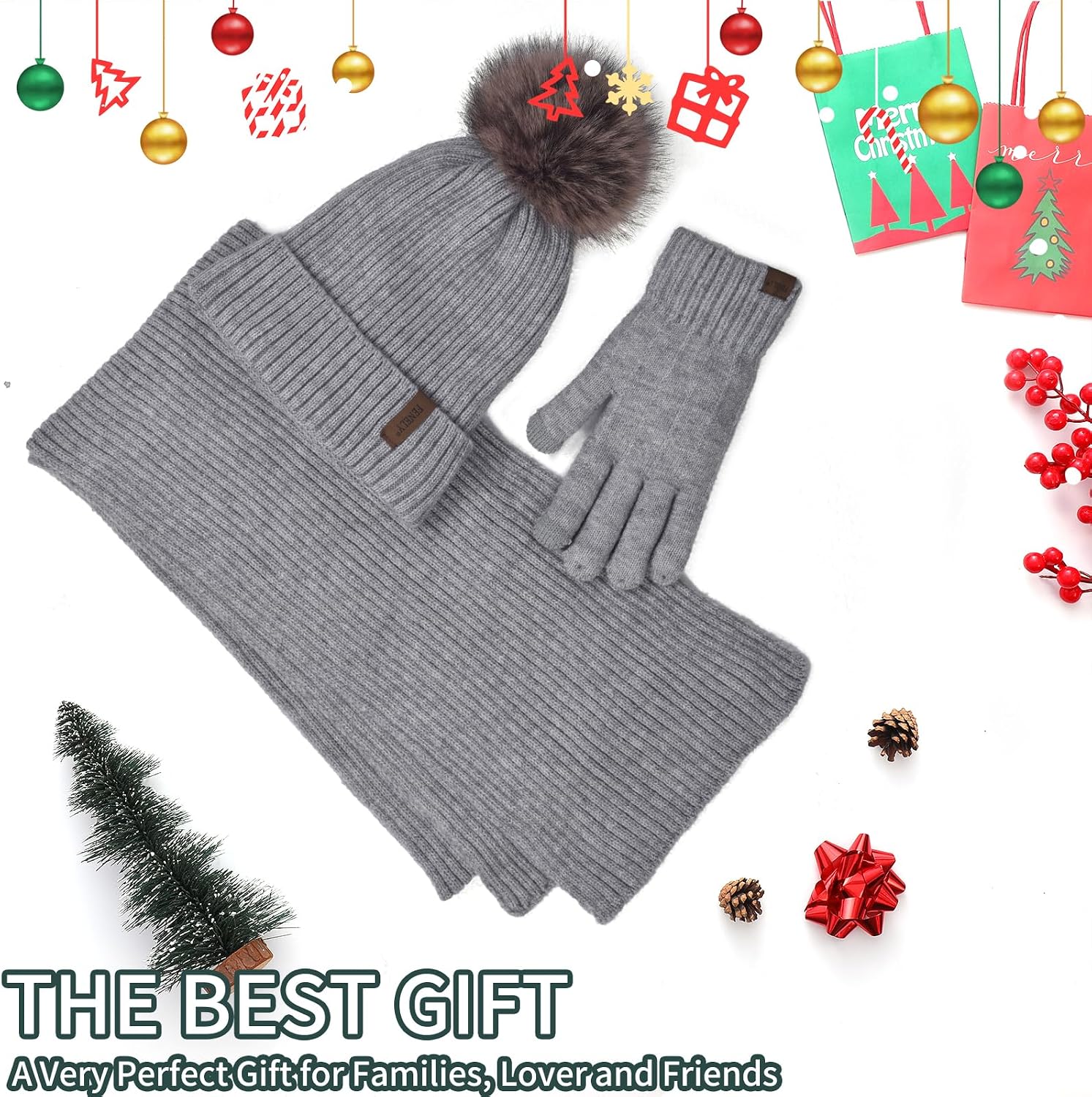 Winter Beanie Hat Scarf Gloves Set for Women, Classic Beanie with Removable Pom Pom Long Scarf Touchscreen Gloves 3 in 1 Set