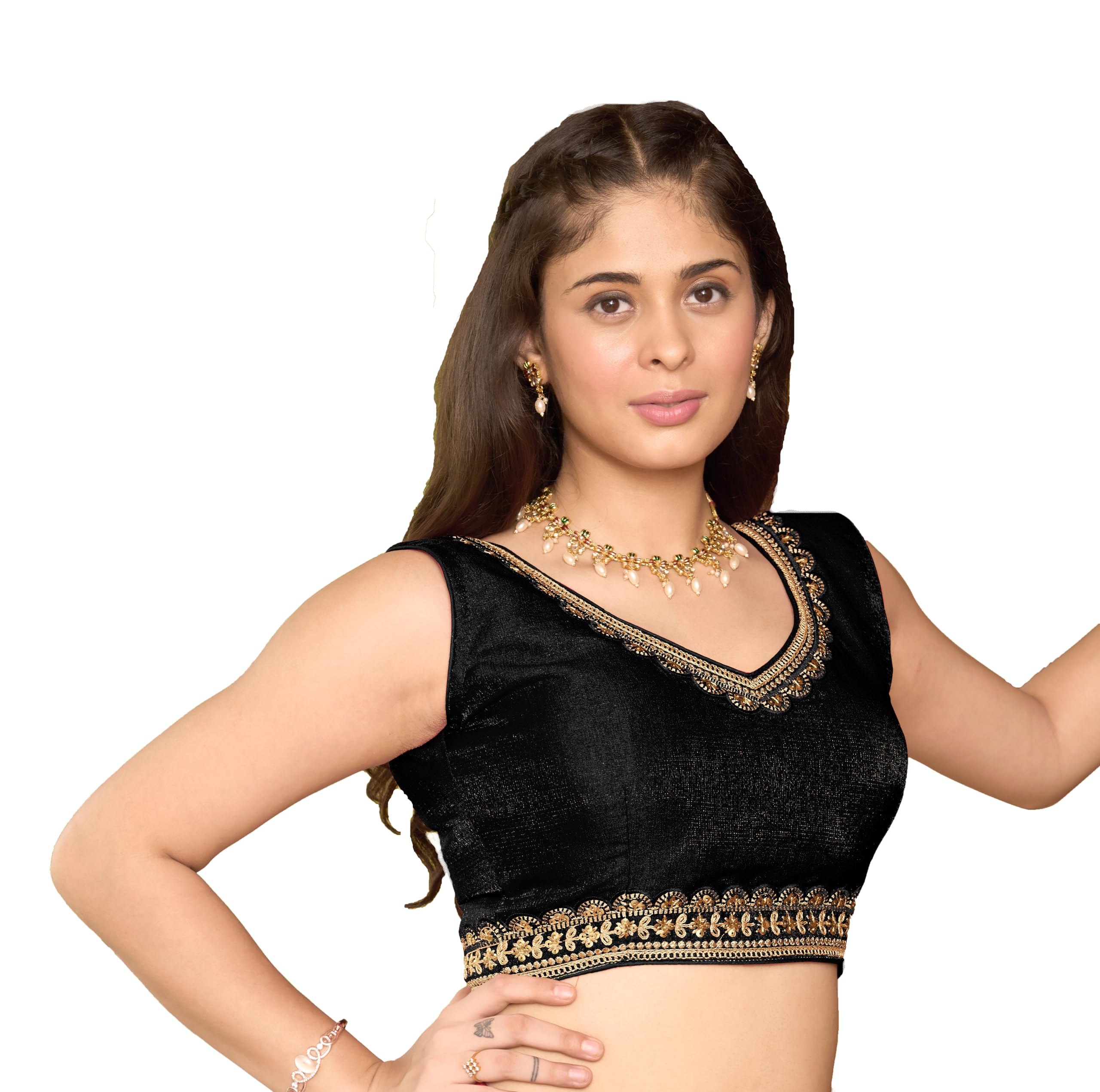 Pujia Mills Women's Sequin Embroidered V Neck Sleeveless Readymade Saree Blouse Indian Ethnic Designer Stitched Readymade Sequence Saree Blouse Sleeveless Blouse Readymade Black Blouse For Women