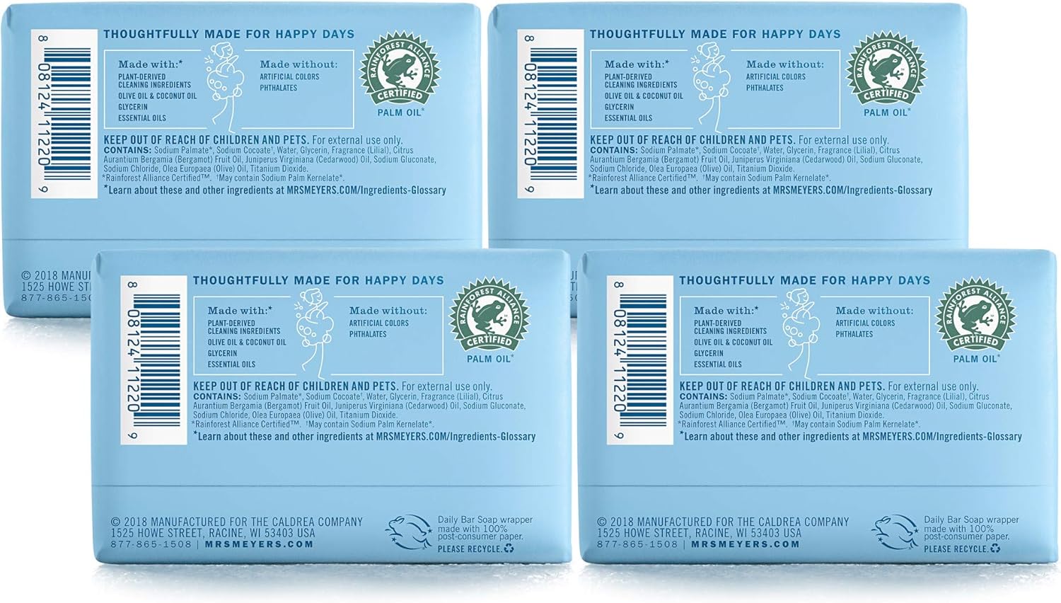 Mrs. Meyer's Clean Day Bar Soap, Use as Body Wash or Hand Soap, Cruelty Free Formula Made with Essential Oils, Rain Water Scent, 5.3 oz, 4 Bars : Beauty & Personal Care