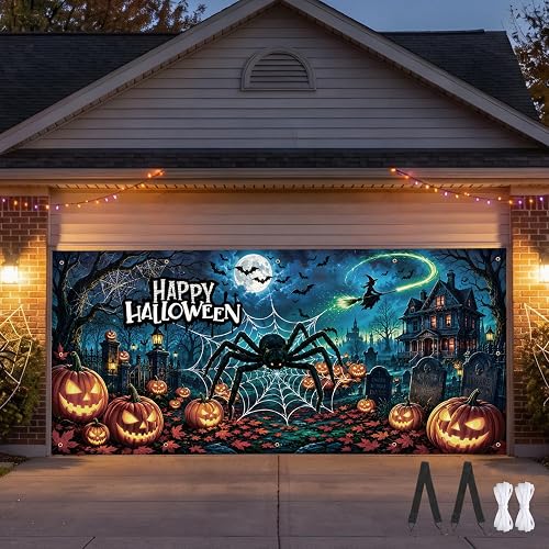 Halloween Garage Door Cover 7x16ft, HD Print Spooky Spider Backdrop