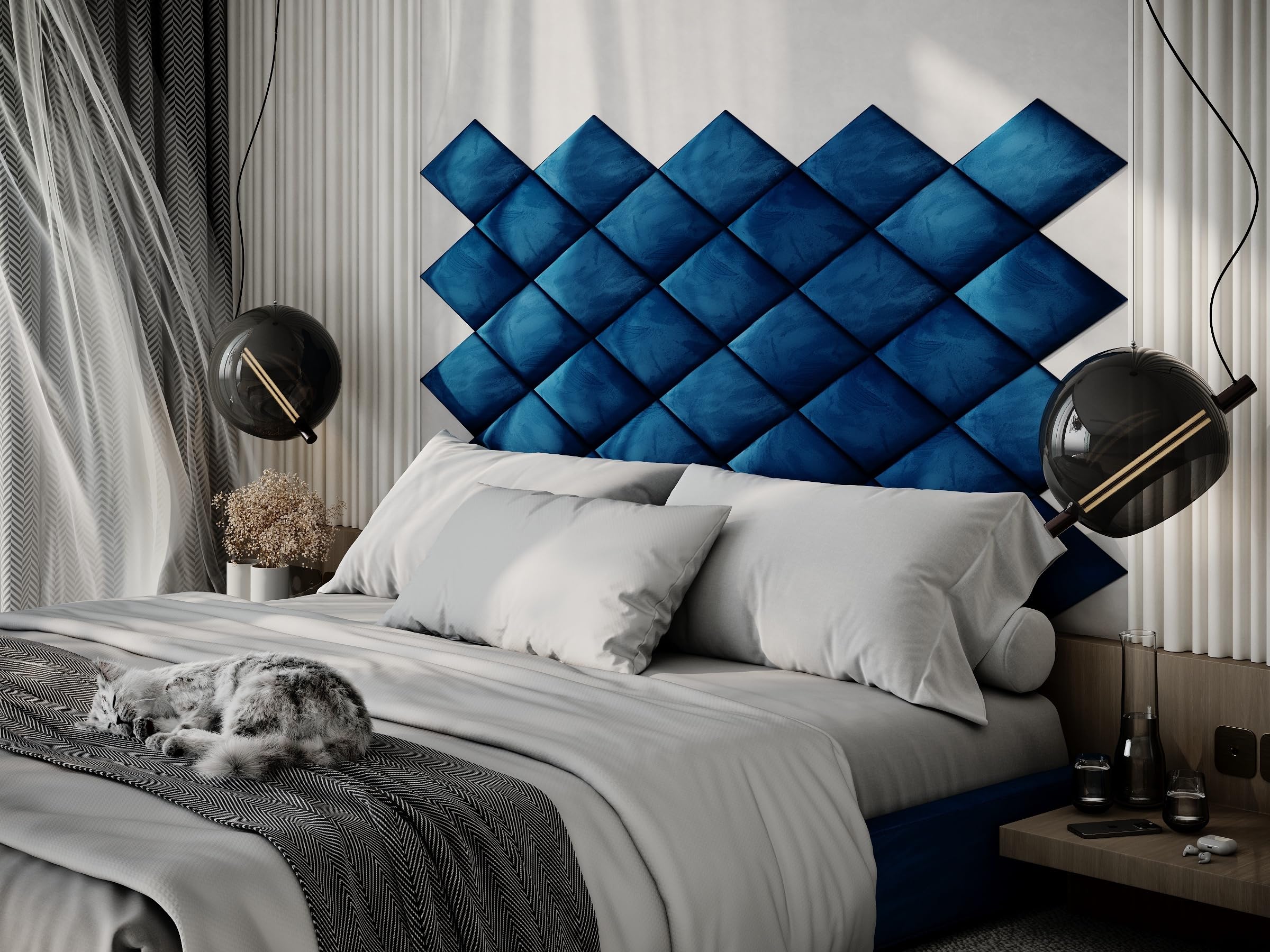 Upholstered Decorative Wall Panels Velvet Headboard Padding | Cushioned Planks | Padded Decor Collision Avoidance | Acoustic Soundproofing Treatment | (Blue, 2x Rhombus (25x43cm))