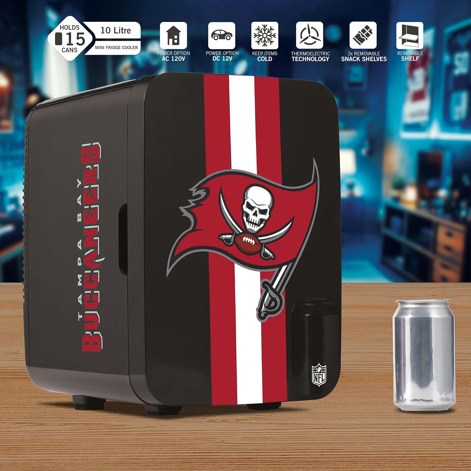Ukonic NFL Tampa Bay Buccaneers 15-Can Mini Fridge 10L – AC/DC Powered, Official Team Colors & Logo, Portable Cooler for Tailgates, Home, Office, or Car