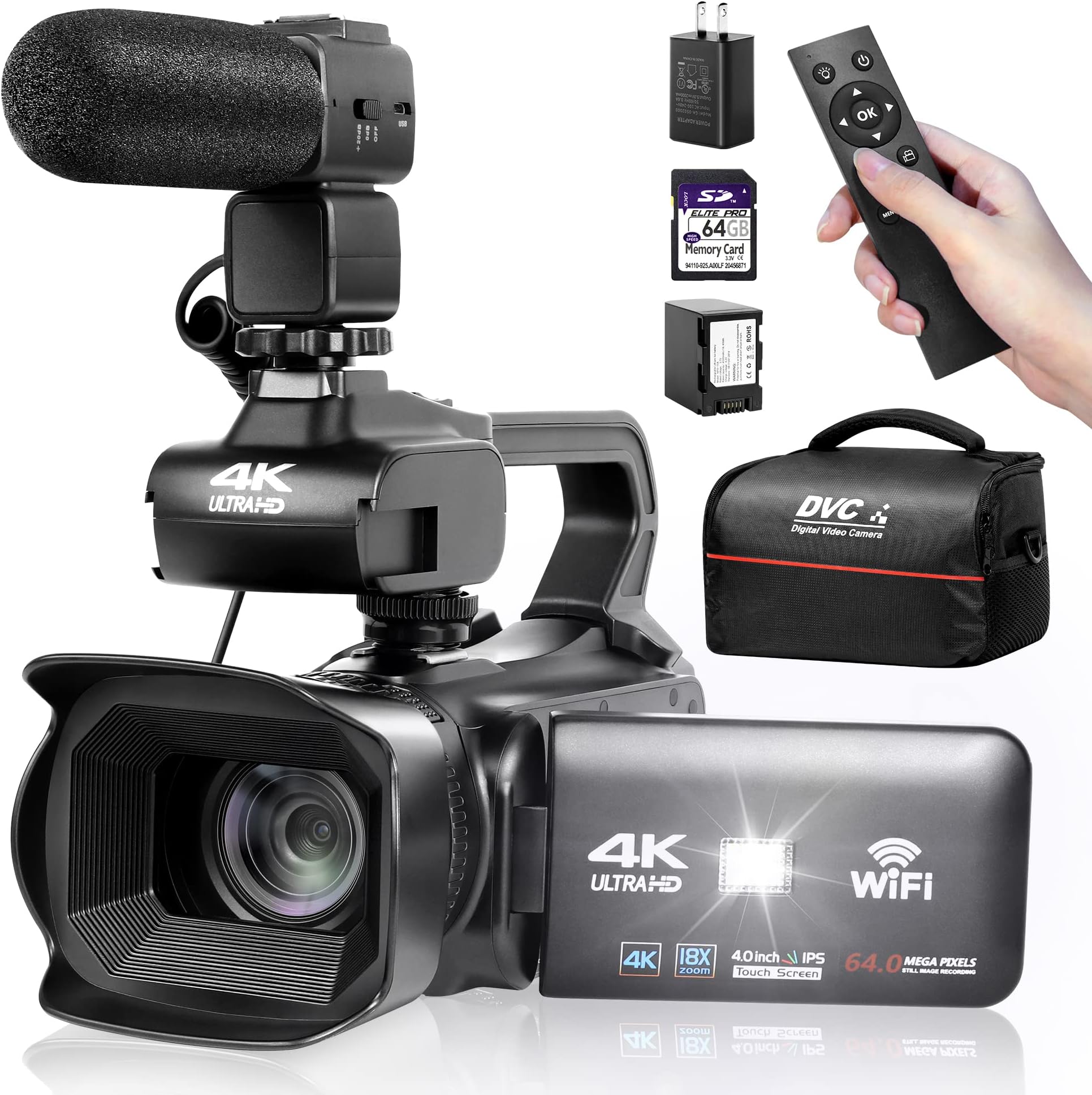 4K UHD Camcorder with 18X Digital Zoom, 64MP Digital Camera Recorder, 4" Rotatable Touchscreen, 64GB SD Card, Microphone, Remote Control, Durable Battery