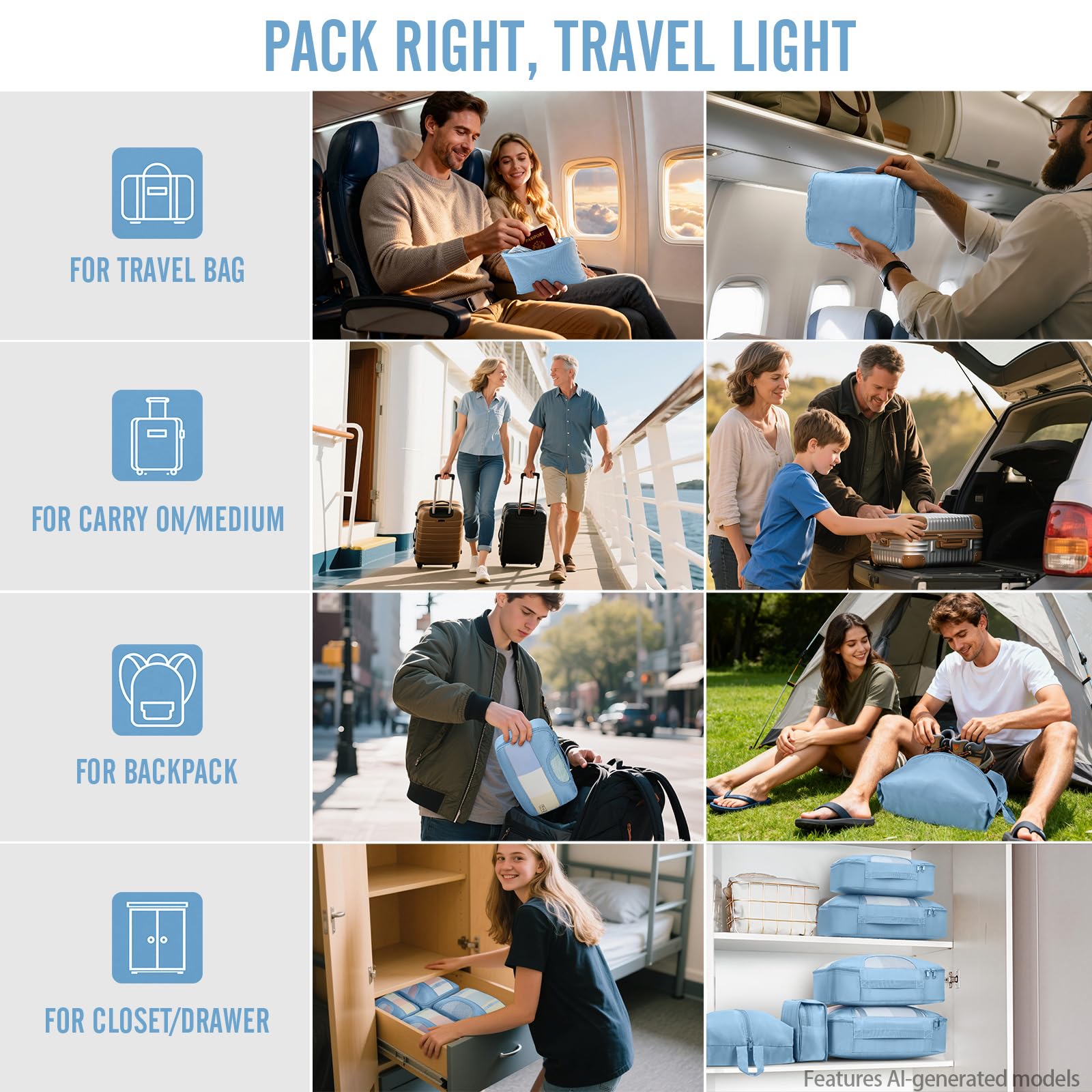 Veken 8 Set Packing Cubes for Travel Essentials,Anti-Wrinkle Buckled Suitcase Organizer for Shoe & Toiletry Bag,Carry On Luggage Bag with 99+ Count Mesh Holes for Airplane & College Dorm Accessories view 8