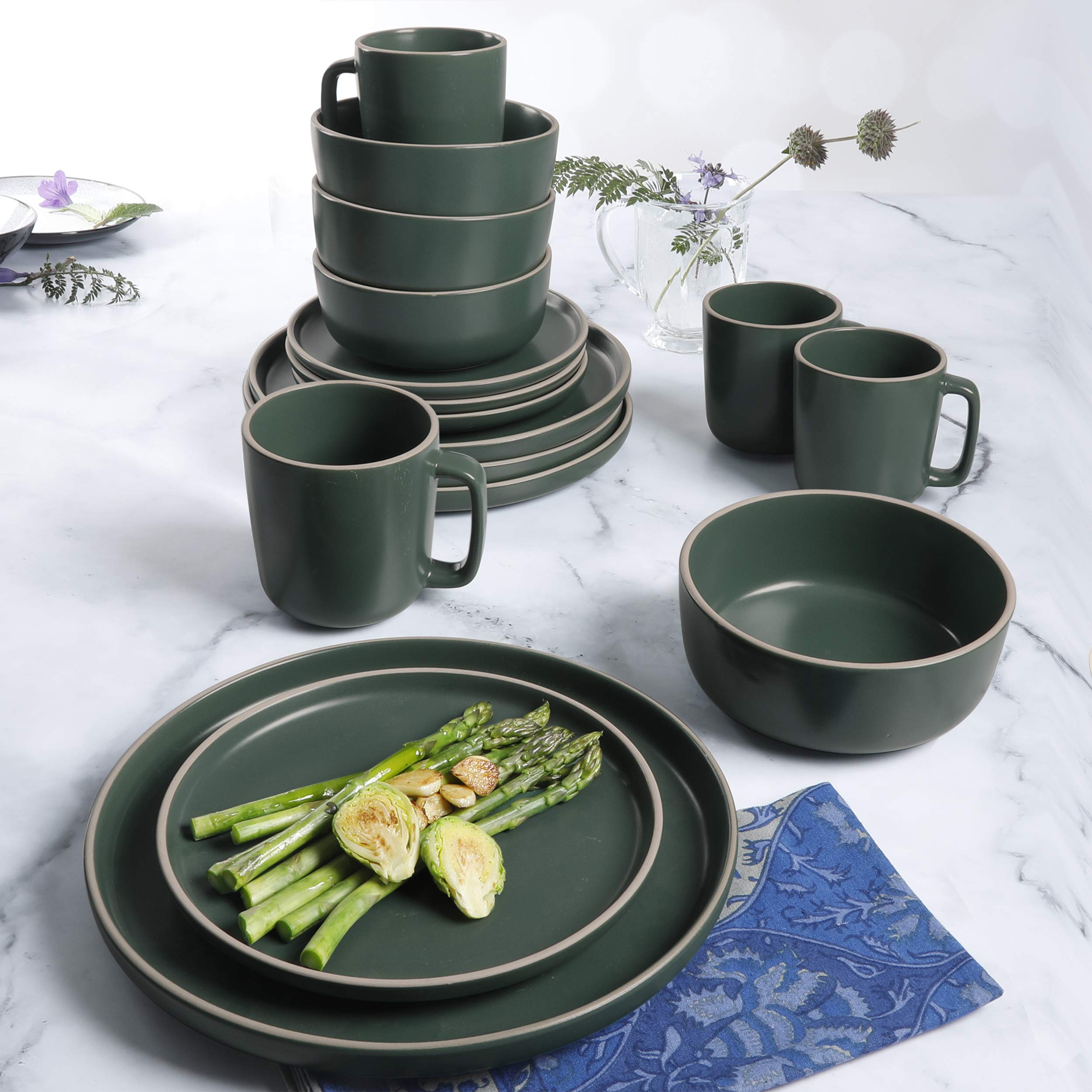 Gibson Home Zuma Service de table de cuisine rond 16 pièces pour 4 personnes en grès mat Vert