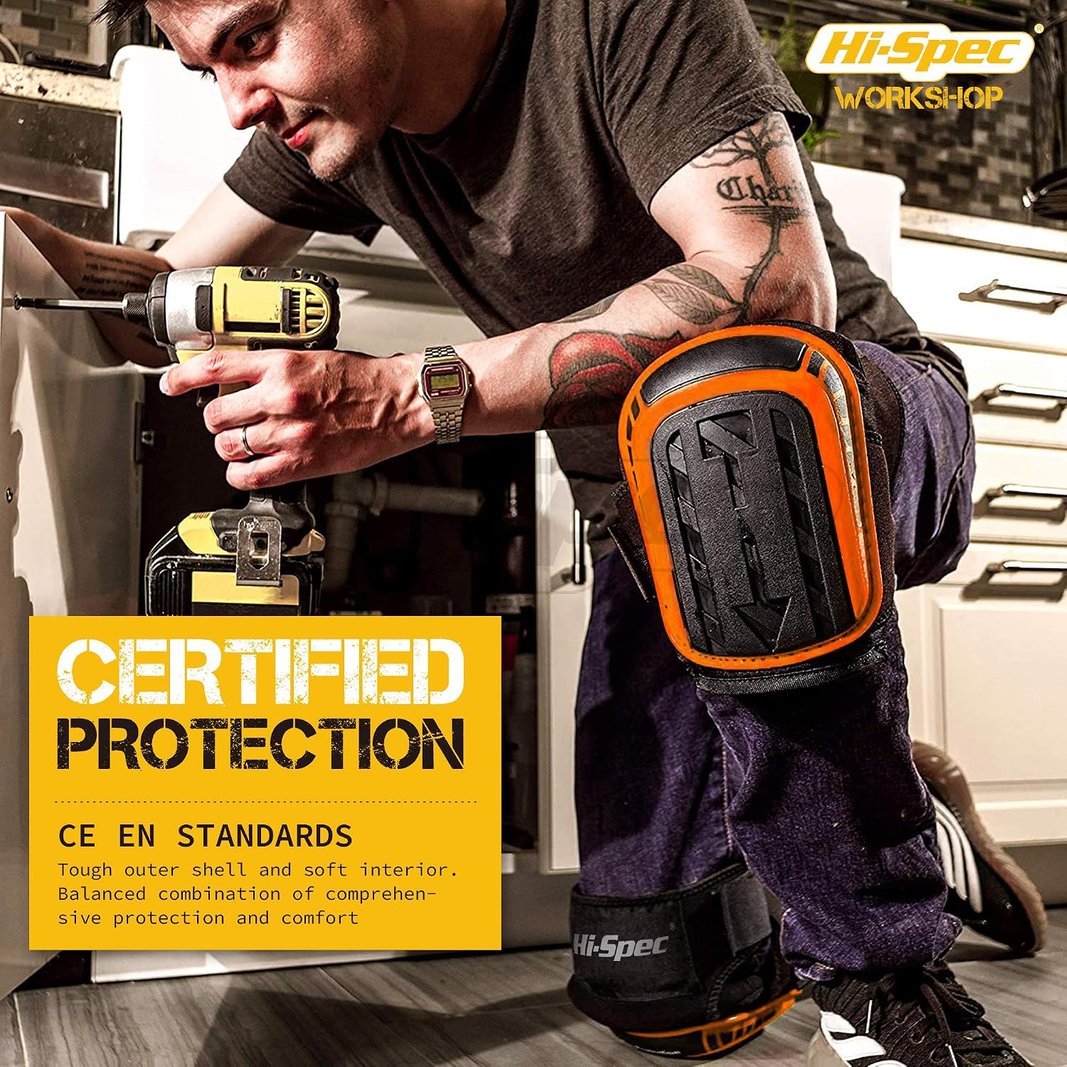 Hi-Spec 2 Piece Heavy Duty Gel & Foam Work Knee Pads with Rubber & PP Shell. Protection in DIY, Construction, Laying Carpet & Flooring, Gardening, Roofing. Adjustable Straps & Fitting
