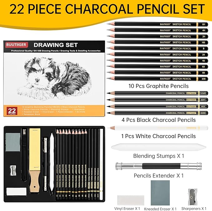 Set de 22 Lápices de Dibujo Grafito 6H-10B y Carboncillo miniatura 3