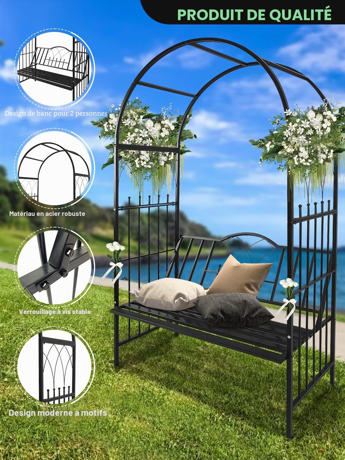 Kalolary Tonnelle Jardin Robuste en Métal avec Banc, Siège pour Plante Grimpante et Support d'Escalade pour Vignes et Fleur, Pavillon Arc de Jardin pour Extérieur