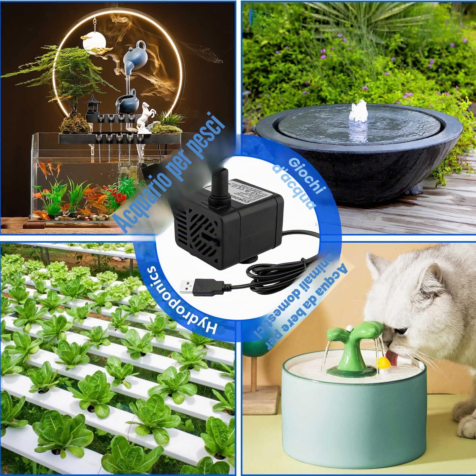 Mini pompa sommergibile USB (DC 5V 1-3W 200L/H) Regolabile, ultra silenziosa piccola pompa per acqua per fontane per animali domestici, acquario, laghetto, idroponica, interno o esterno