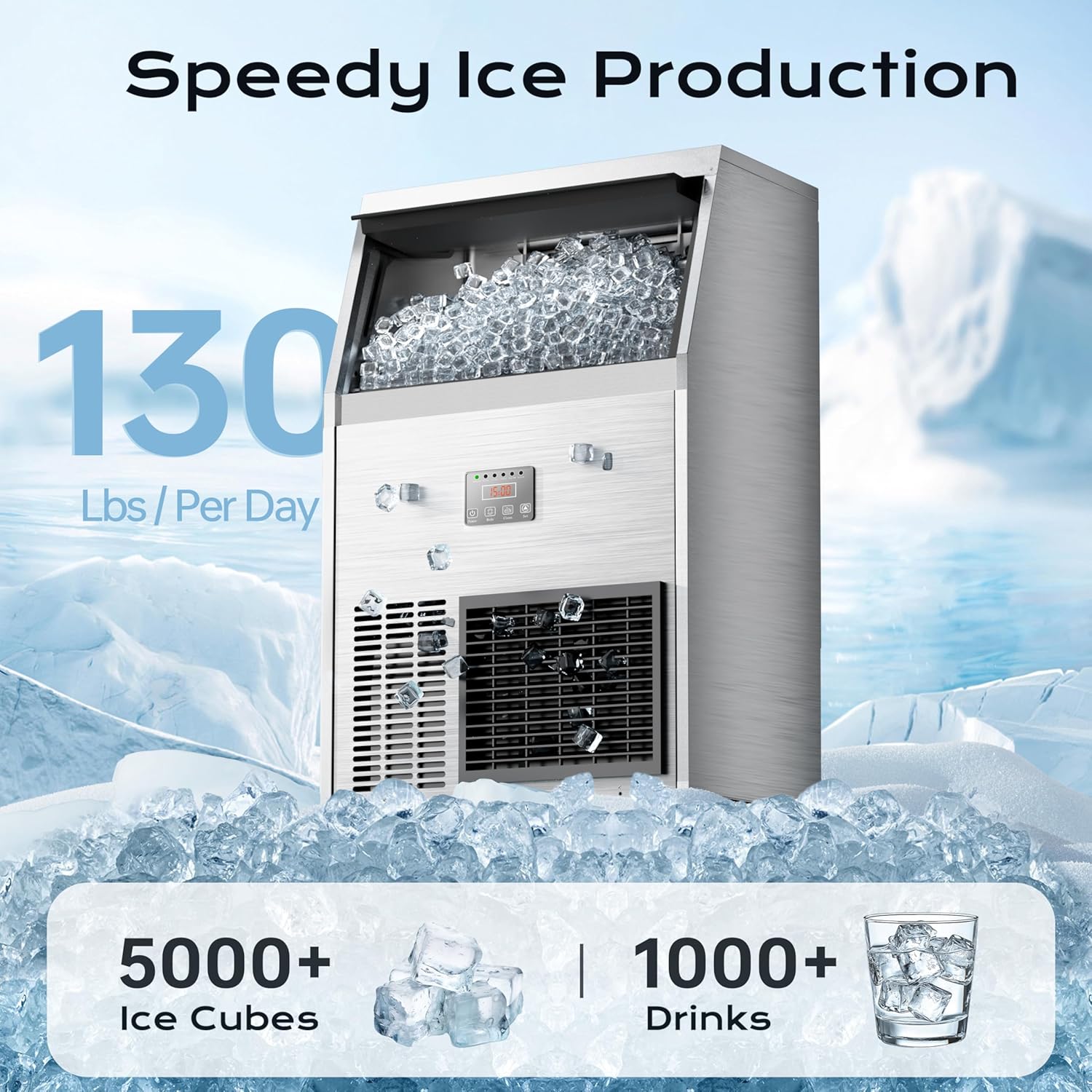 Coolake Commercial Ice Maker 130lbs/24H with 34lbs Storage, Stainless Steel Under Counter Ice Maker, Air Cooled Self Cleaning Freestanding Ice Machine for Home Bar Kitchen