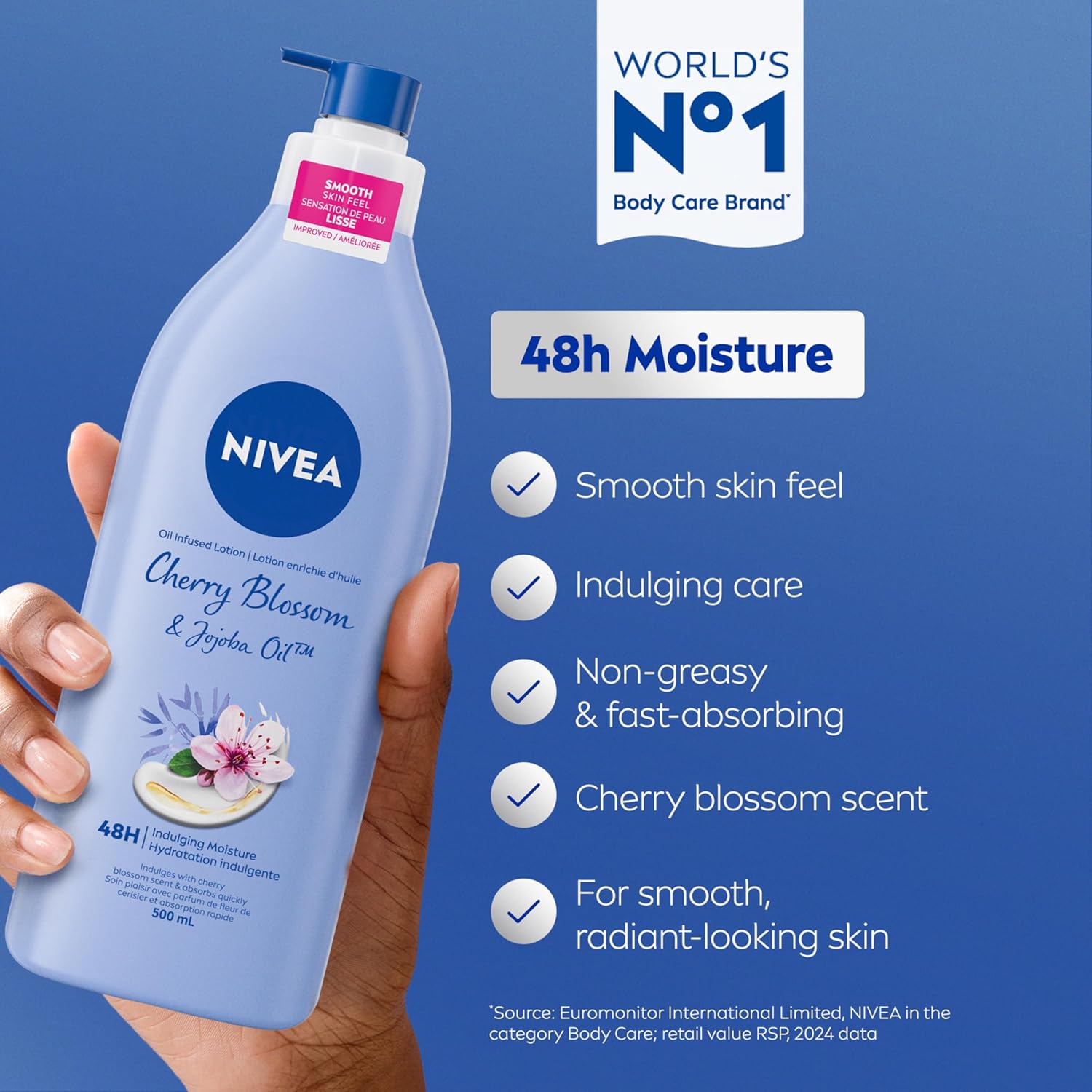NIVEA Oil-Infused Cherry Blossom & Jojoba Oil Body Lotion (500mL), Body Cream with Delicate Scent, Skin Care with Jojoba Oil, 24H for Deep Moisture