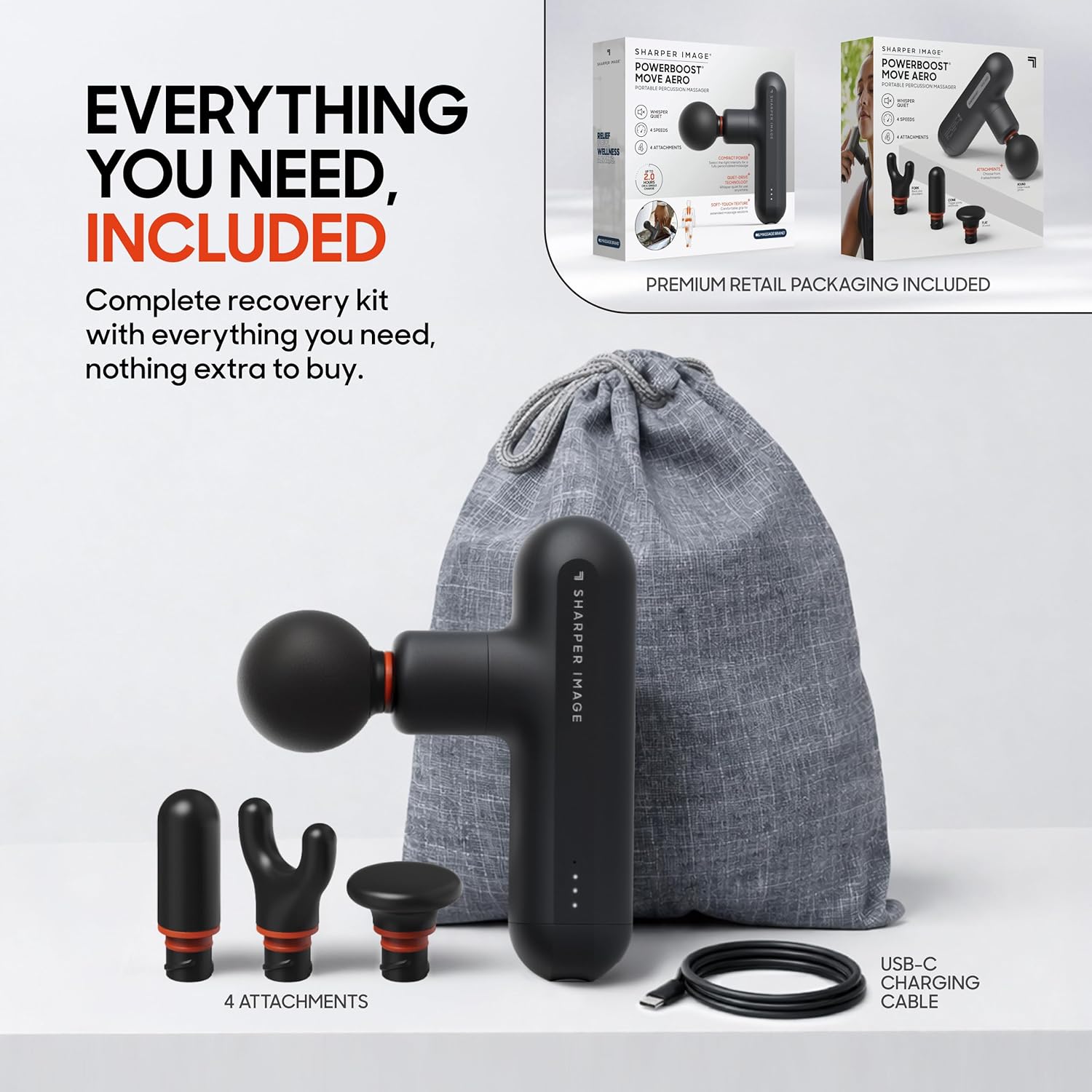 Sharper Image Powerboost Move Aero [New 2026 Version] Mini Deep Tissue Percussion Massage Gun| Muscle Recovery & Pain Relief Massage Tool| Full Body Back & Shoulder Massager| Travel Gift for Men Women