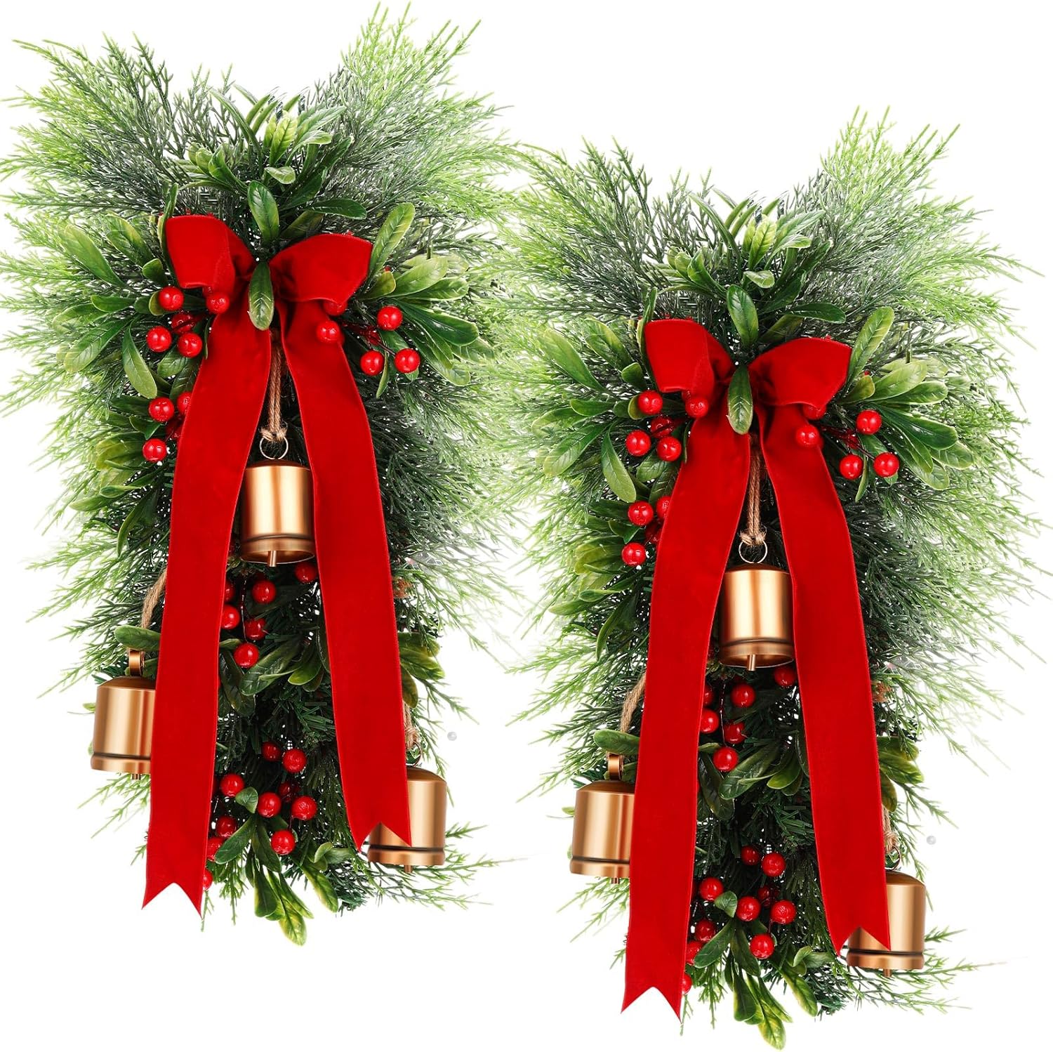 Gejoy 2 Pcs Christmas Teardrop Swags 21.6'' Xmas Swags Wreath with Bells Artificial Teardrop Wreath for Wall Stairway Fireplace Hanging Front Door Xmas Decor