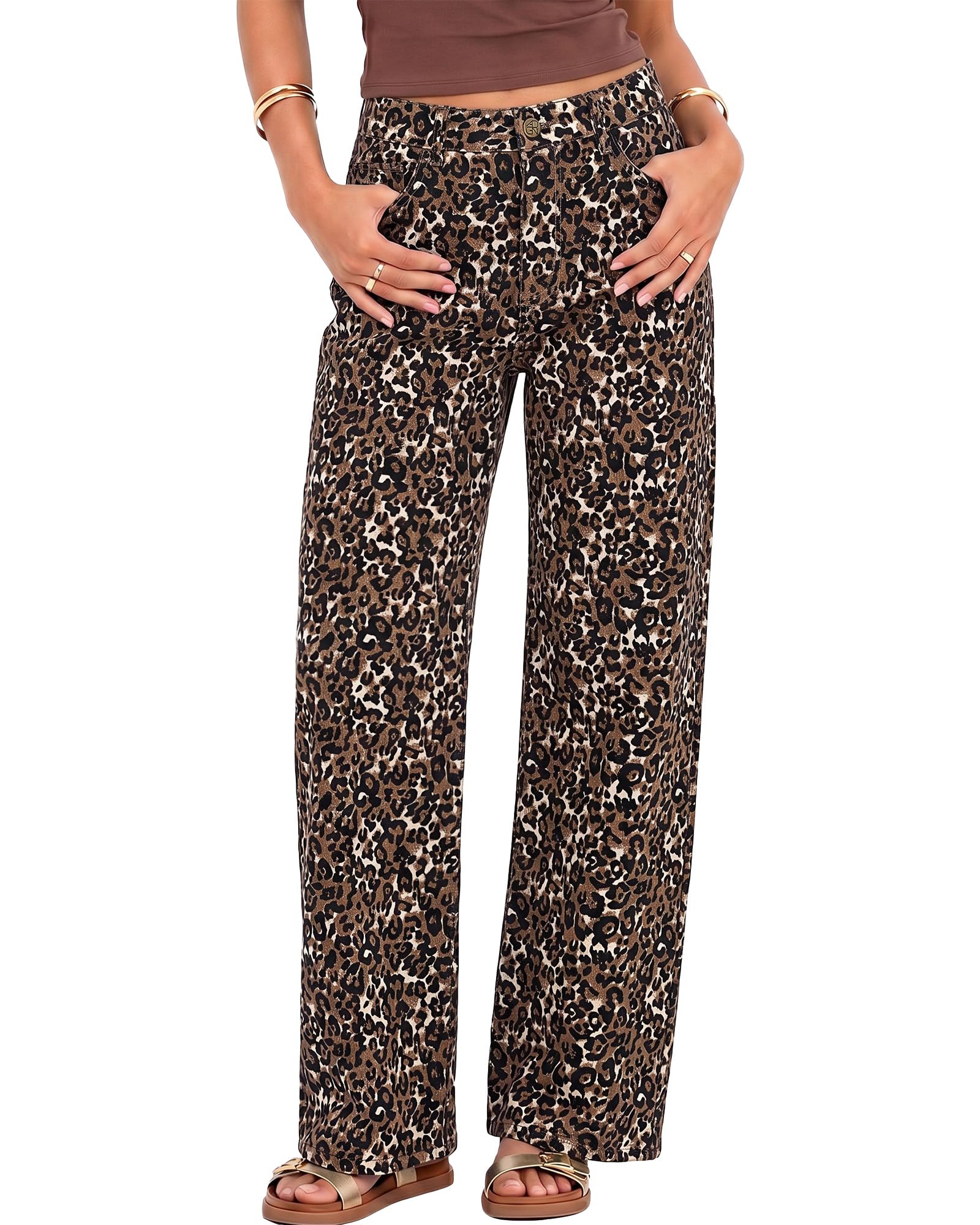 GRAPENT Womens Wide Leg Jeans High Waist Cheetah Print Baggy Leopard Pants