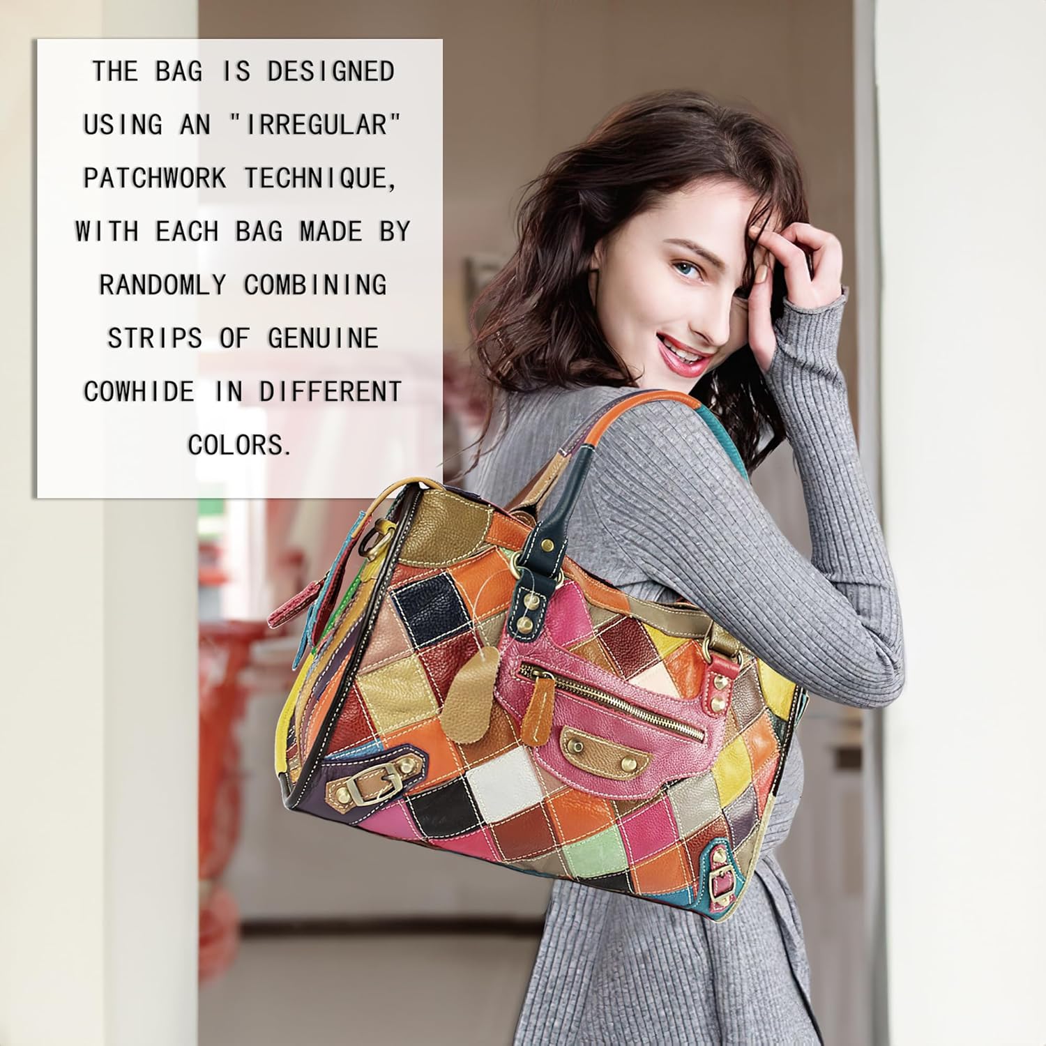 Handmade Cowhide Multi-color Block Random Stitching Unique Style Women's Bag - Crossbody, Shoulder and Handheld - Image 2