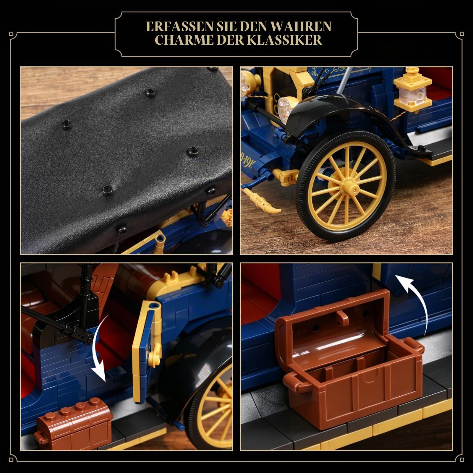 JMBricklayer Vintage Auto Klemmbausteine Erwachsene mit Licht, 50003 Retro Modellbau mit Leder-Faltverdeck, Oldtimer Car Sammler Ausstellungsset, Bausteine Geschenke für Fans Antik Fahrzeuge 14+