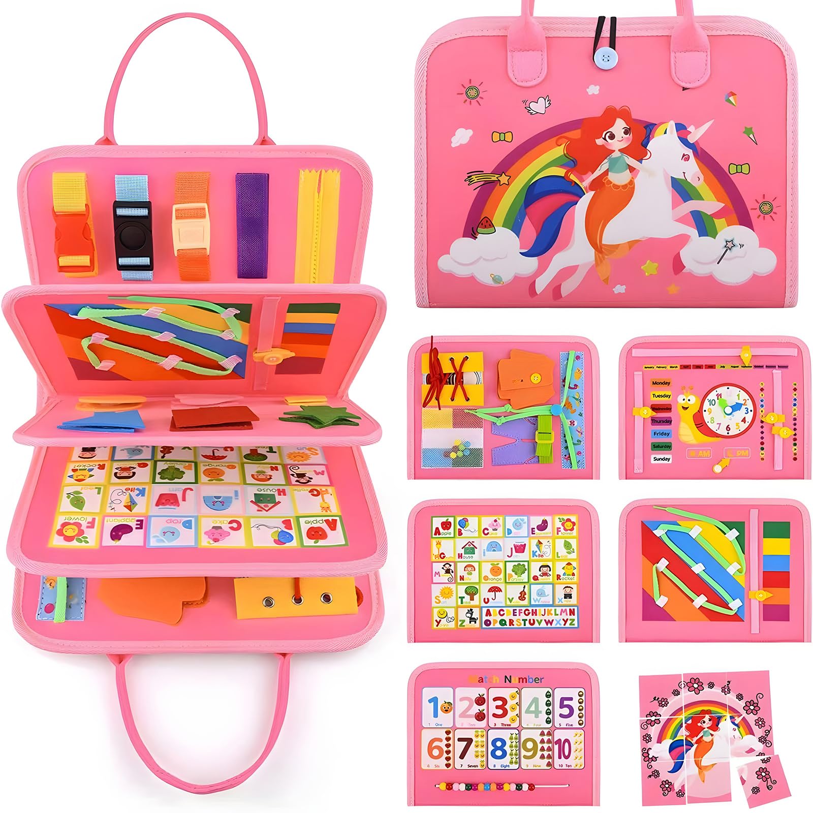 Montessori Busy Board Sensory Toddler Activity Book (Pink)