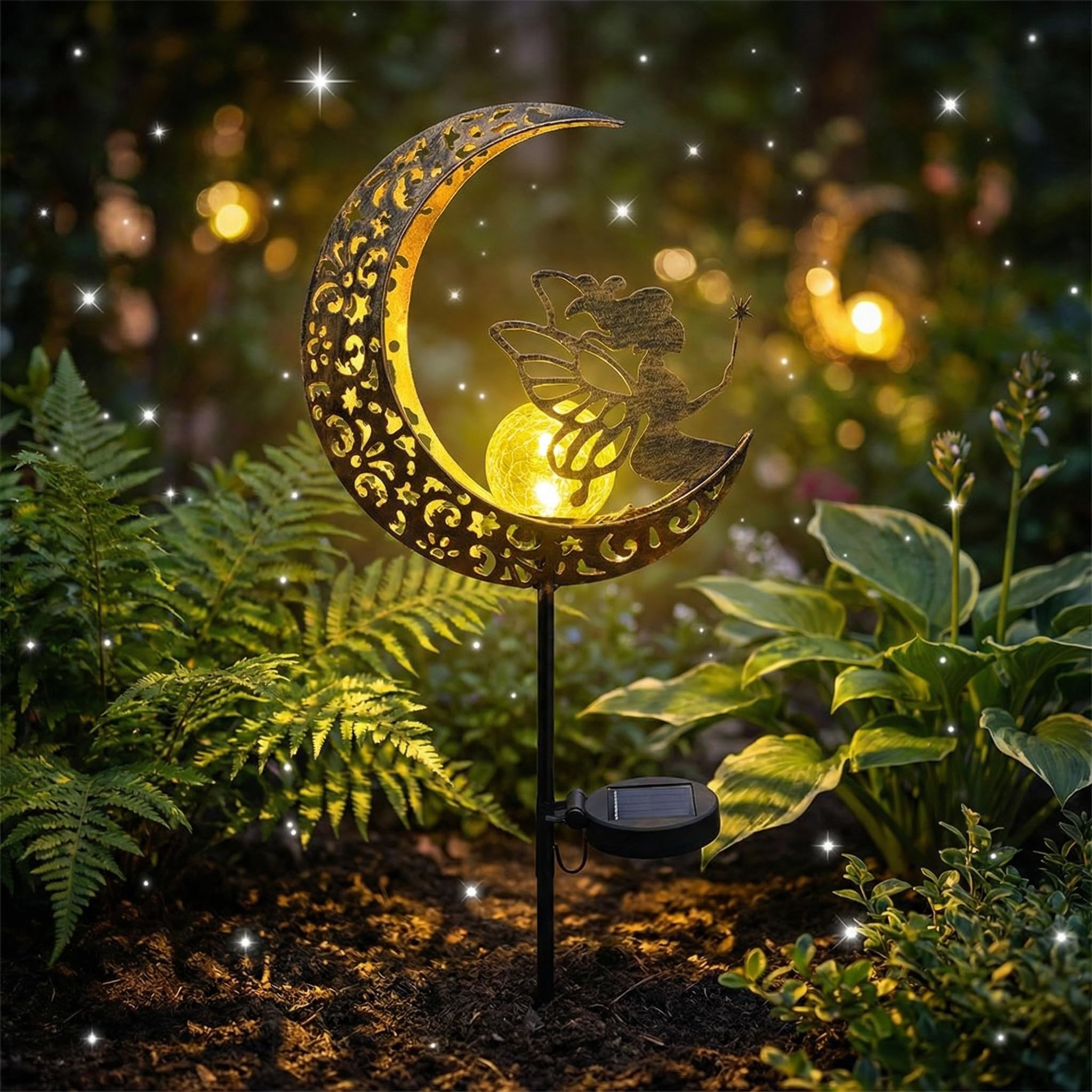 Mond Solarleuchten Gartendeko Terassendeko, Solarlampe für Außen, Metall Mond Solar LED, Wetterfest Solarleuchte Garten Deko mit Erdspieß Glaskugel, Gilt für Terrasse Balkon Pfahlpfad Rasen Hof