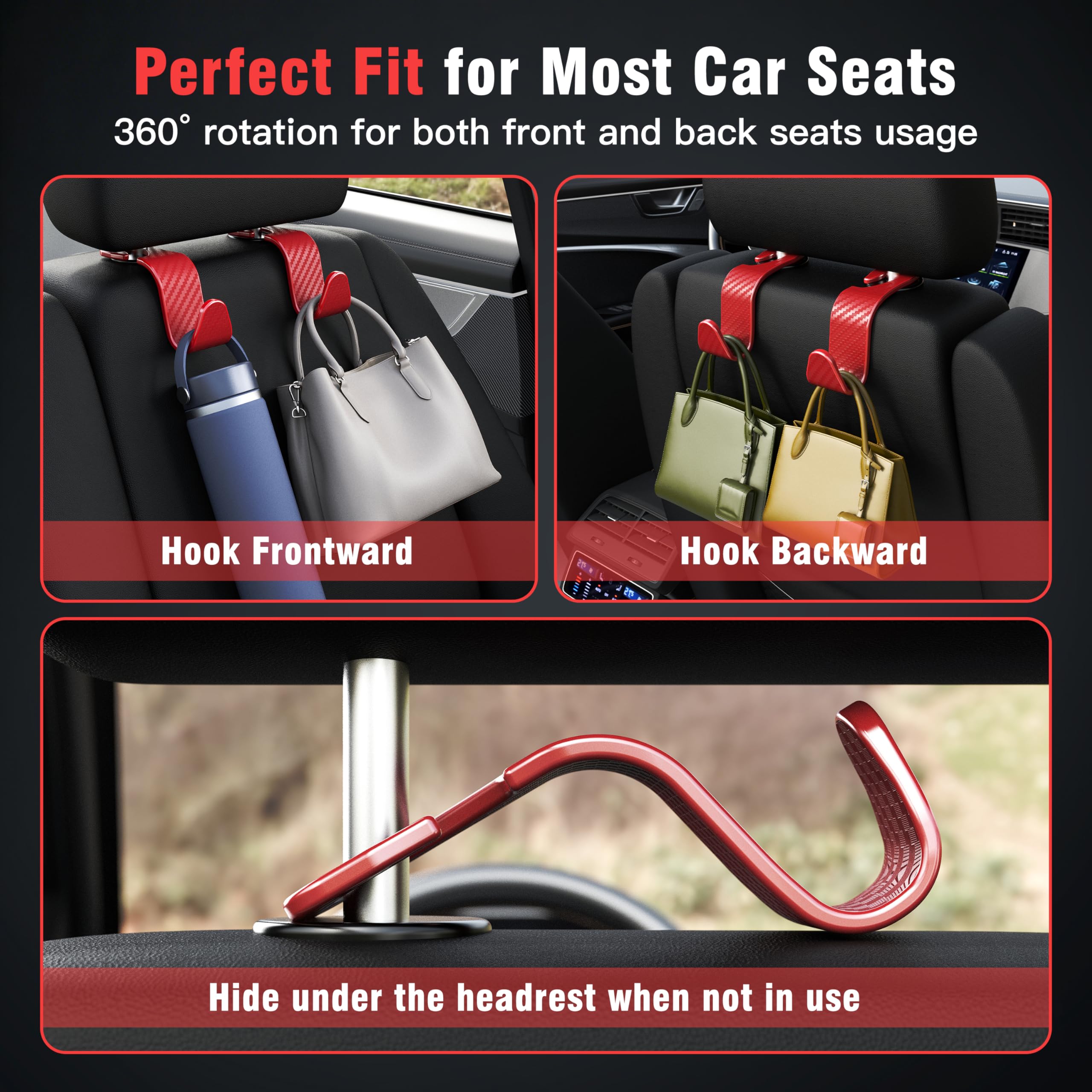 4-Pack Car Headrest Hooks Holds 55lbs Seat Storage Organizer for Bags view 3