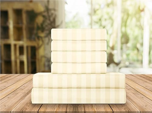 Elegant Comfort Juego de ropa de cama, suave, resistente a las arrugas y a la decoloración (6 piezas), Microfibra, Crema de lino a rayas, King