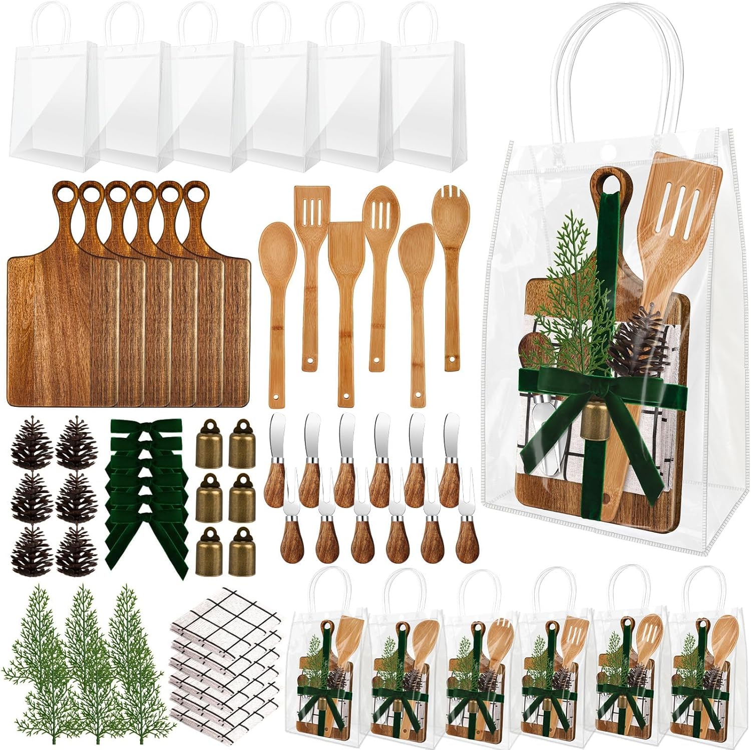 6 Set Christmas Gift Kitchen Utensils Set Acacia Spatula Mini Cheese Board Pine Cones for Christmas Kitchen Holiday Gift Party Decor