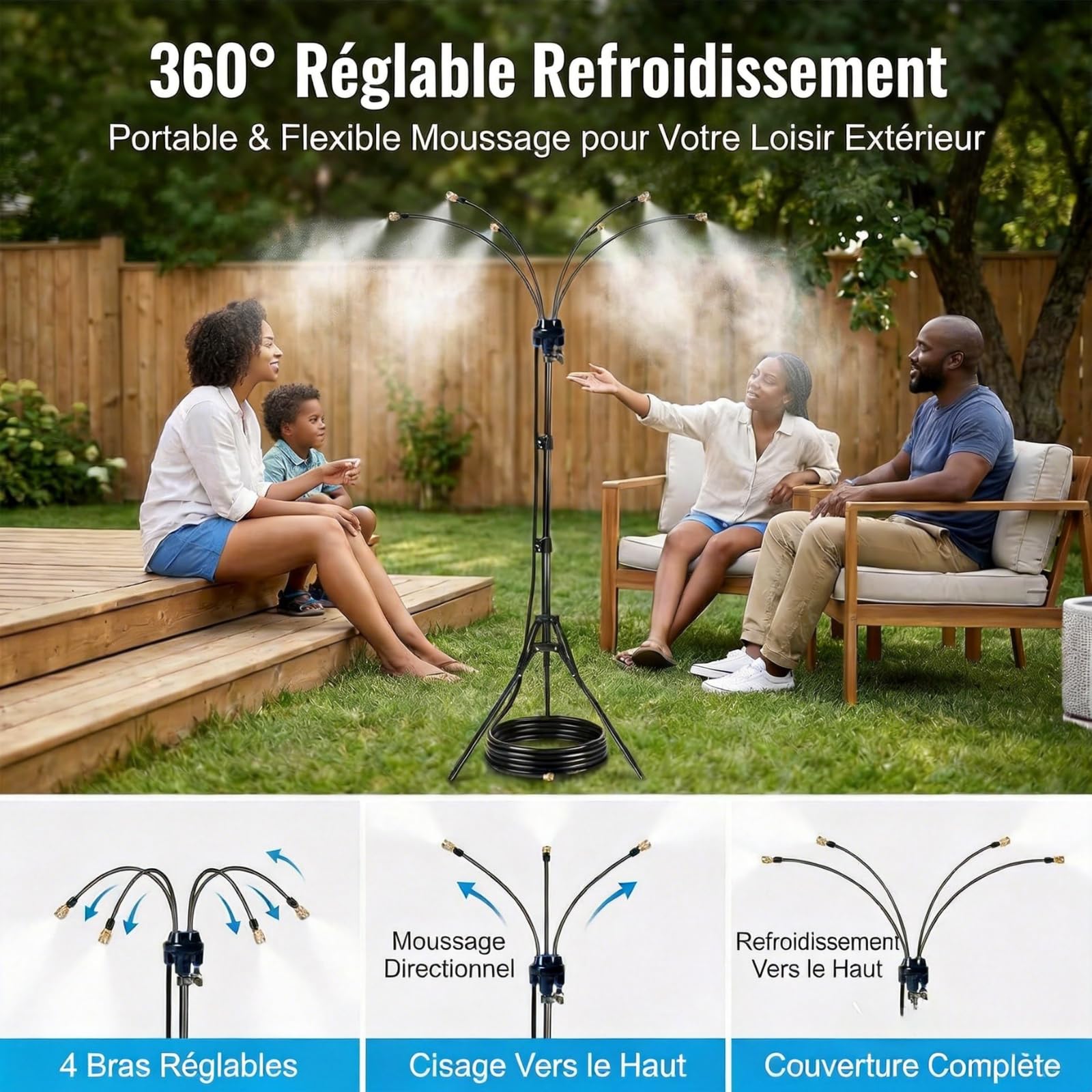 Brumisateur sur Pied, Trépied Hauteur Réglable 110cm, Système de Rafraîchissement pour Terrasse Jardin Piscine, Kit Brumisation Extérieur avec 8m Tuyau, Arroseur Automatique pour Barbecue Animaux