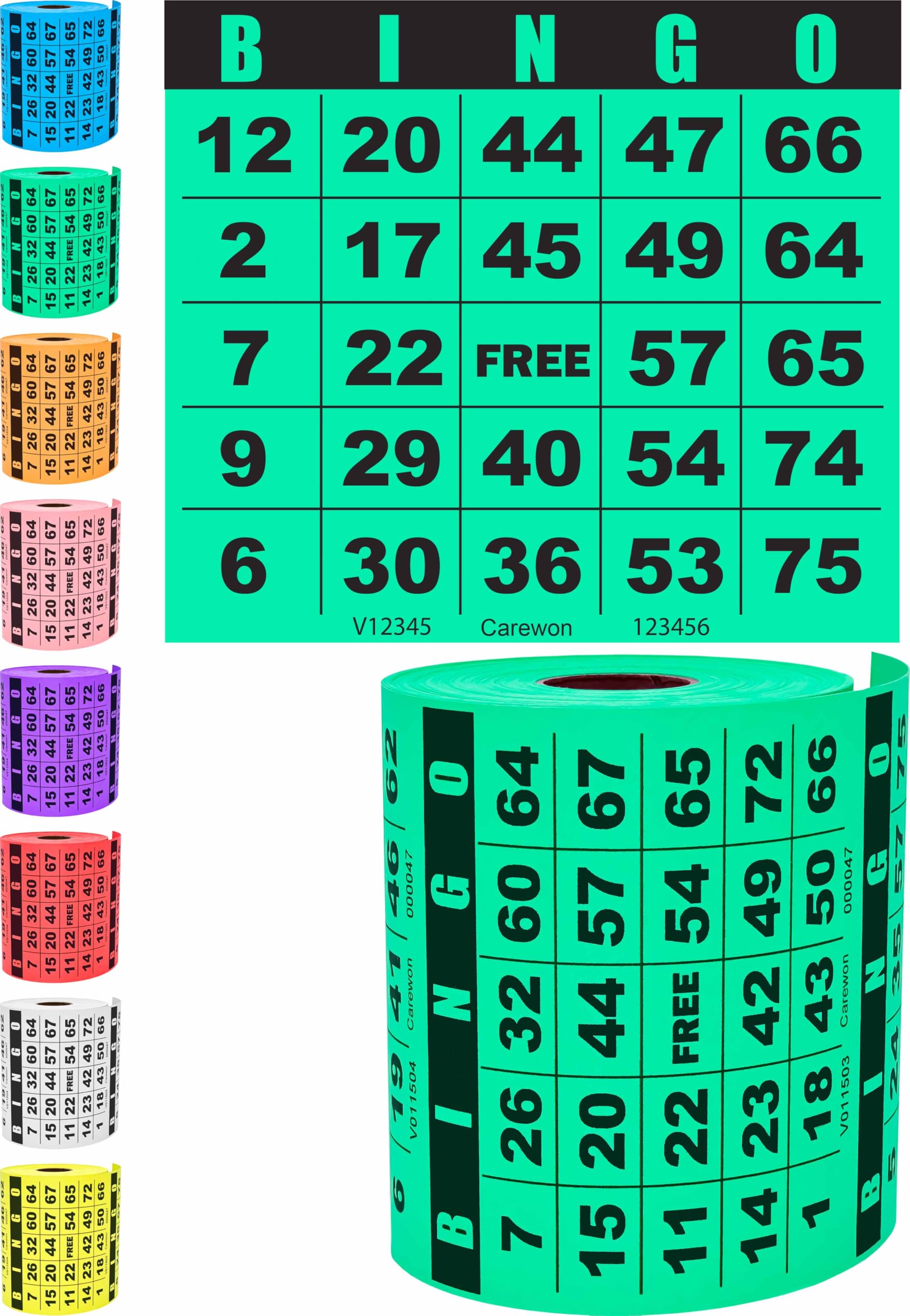 Carewon 250 Bingo Cards, Large 4.5" x 4.5", Green (1 of 8 Colors), Paper Bingo Sheets, Disposable or Reusable for Daubers or Chips