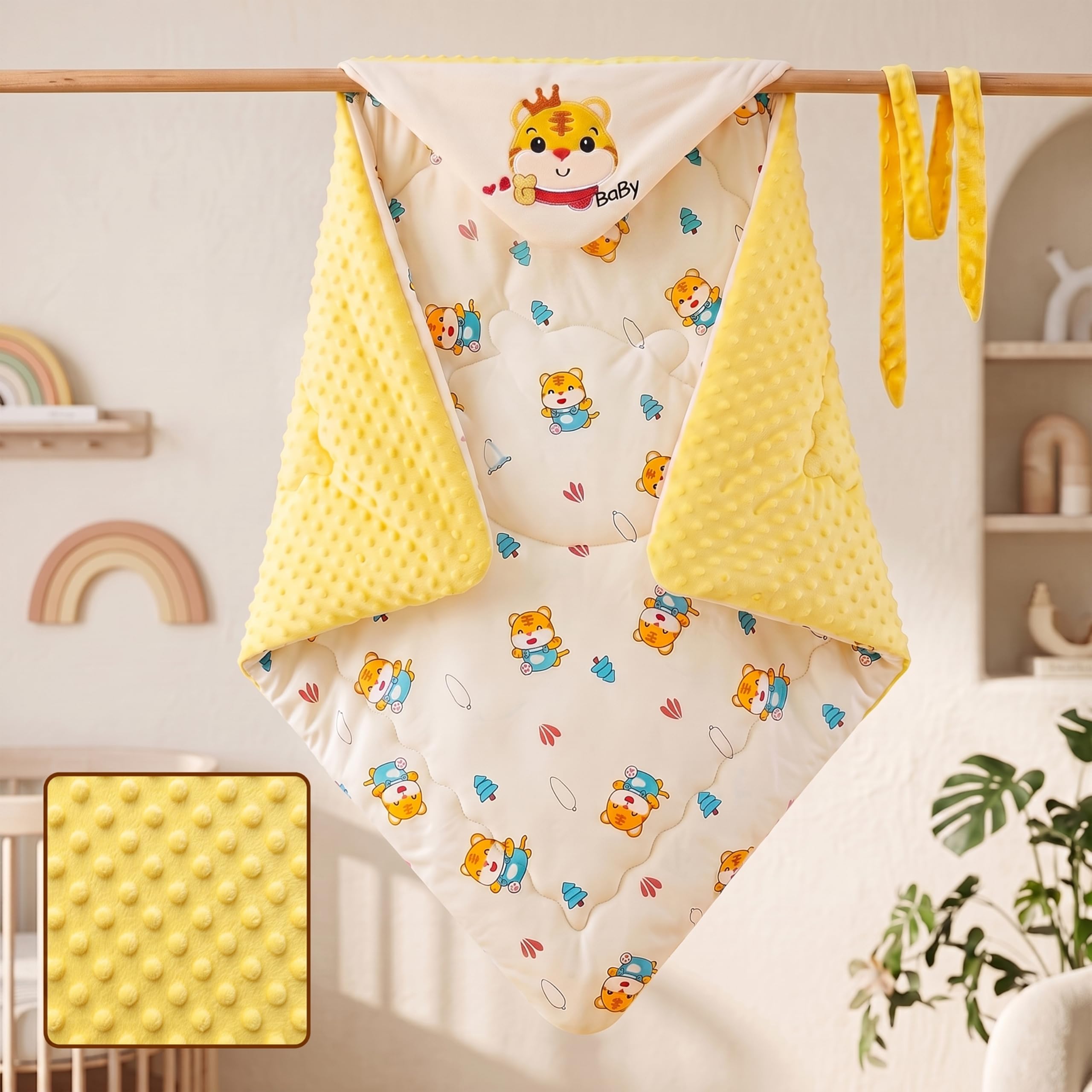StarAndDaisy Baby Swaddle Wrapper Blanket with Hood | Cotton & Soft Bean Velvet Receiving Blanket | Newborn Baby Wrap, Infant Sleeping Bag, Baby Quilt for Boys & Girls (Yellow)-image-8