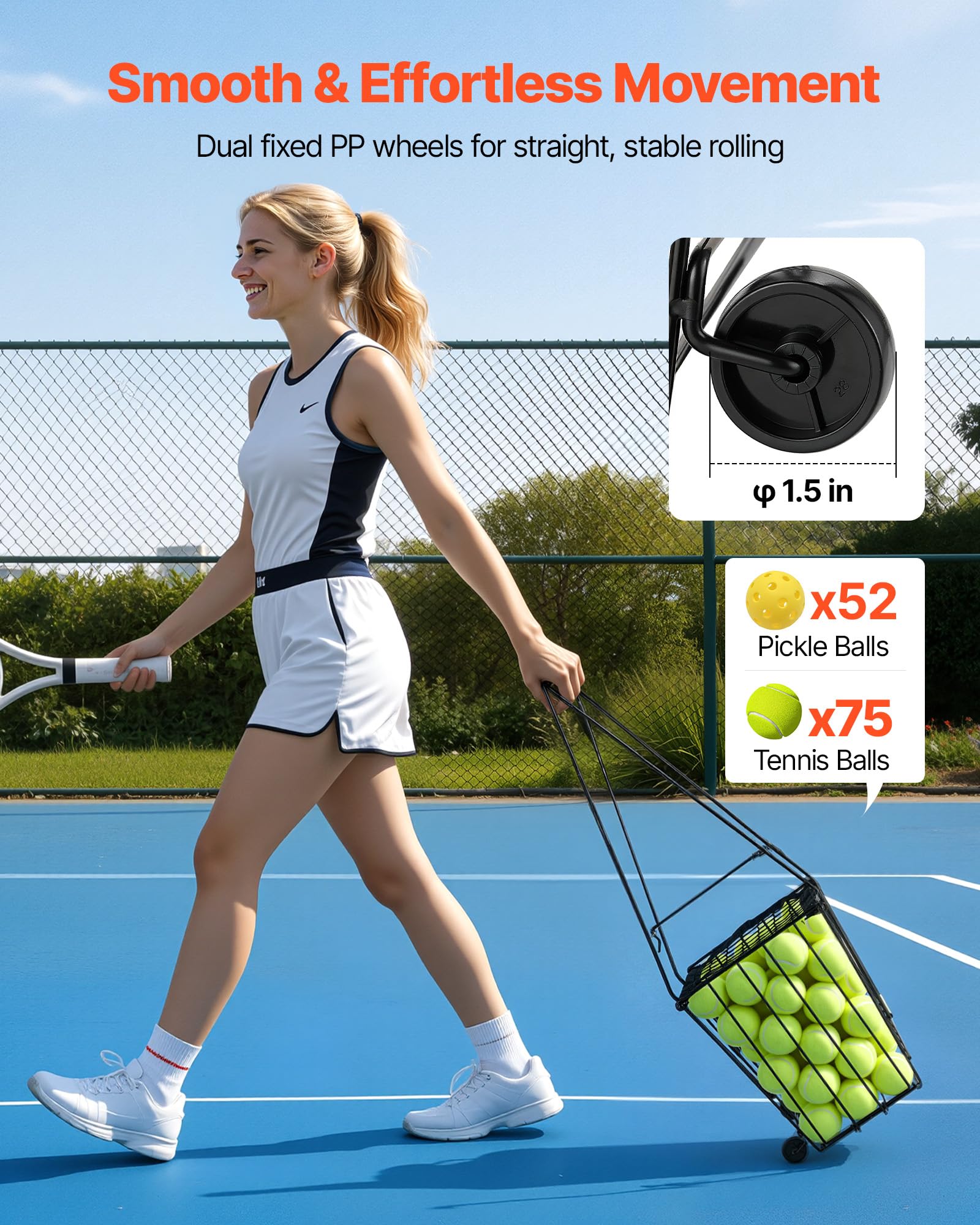 VEVOR Recogepelotas de Tenis con Ruedas y Mango, Capacidad para 75 Pelotas o 52 Pickleball, Cesta Portátil de Tenis con Soporte, Altura Ergonómica, Carro de Acero para Entrenamiento y Almacenamiento