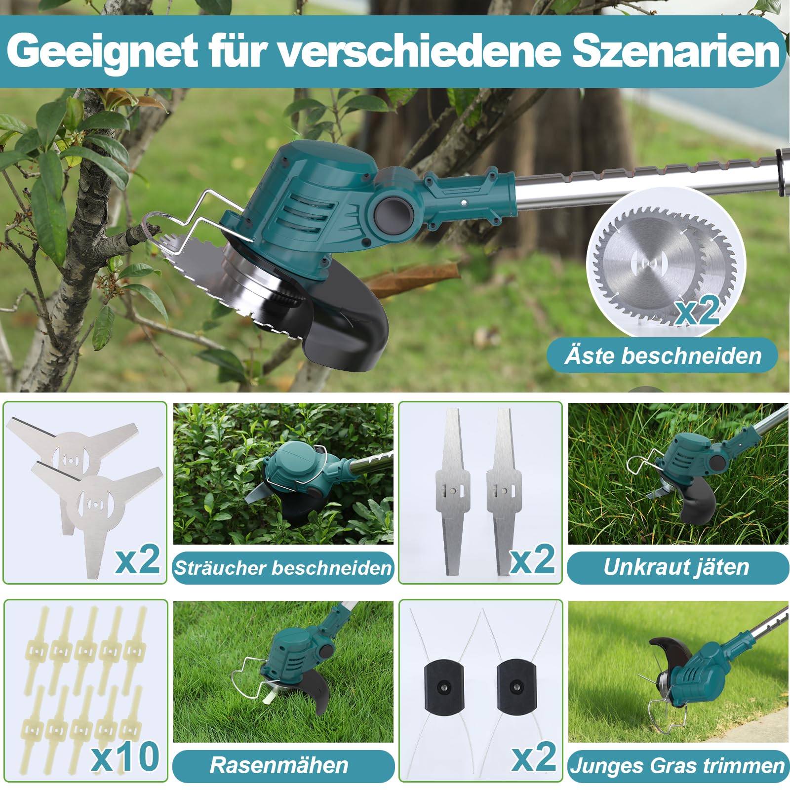 Rasentrimmer mit Akku 5 In 1 Akku Rasentrimmer für Makita Akkus mit 5 Klingentypen, 21V Freischneider Akku Teleskopierbar, 90° Drehung für Garden Trimmen,Blau