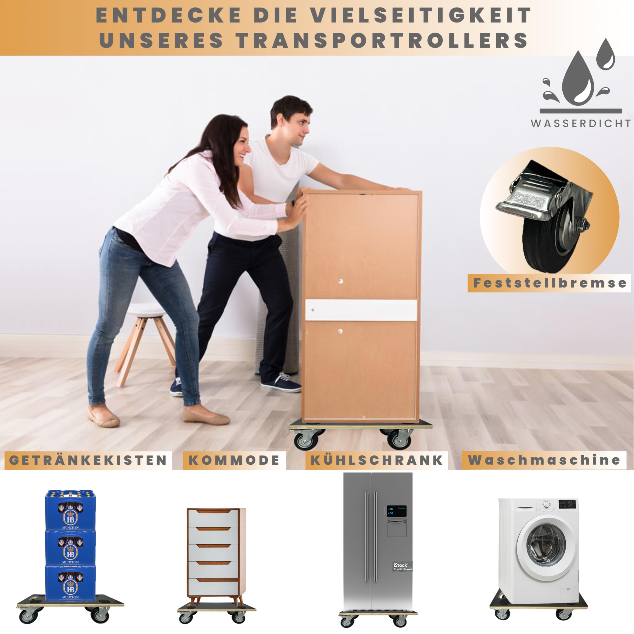 Transportroller mit Feststellbremse in 58x29cm, Einer beeindruckenden Tragkraft von 400kg & leichtgängigen Rollen für mühelosen Transport Schwerer Lasten, wie Möbel, Kisten, Kommoden & mehr