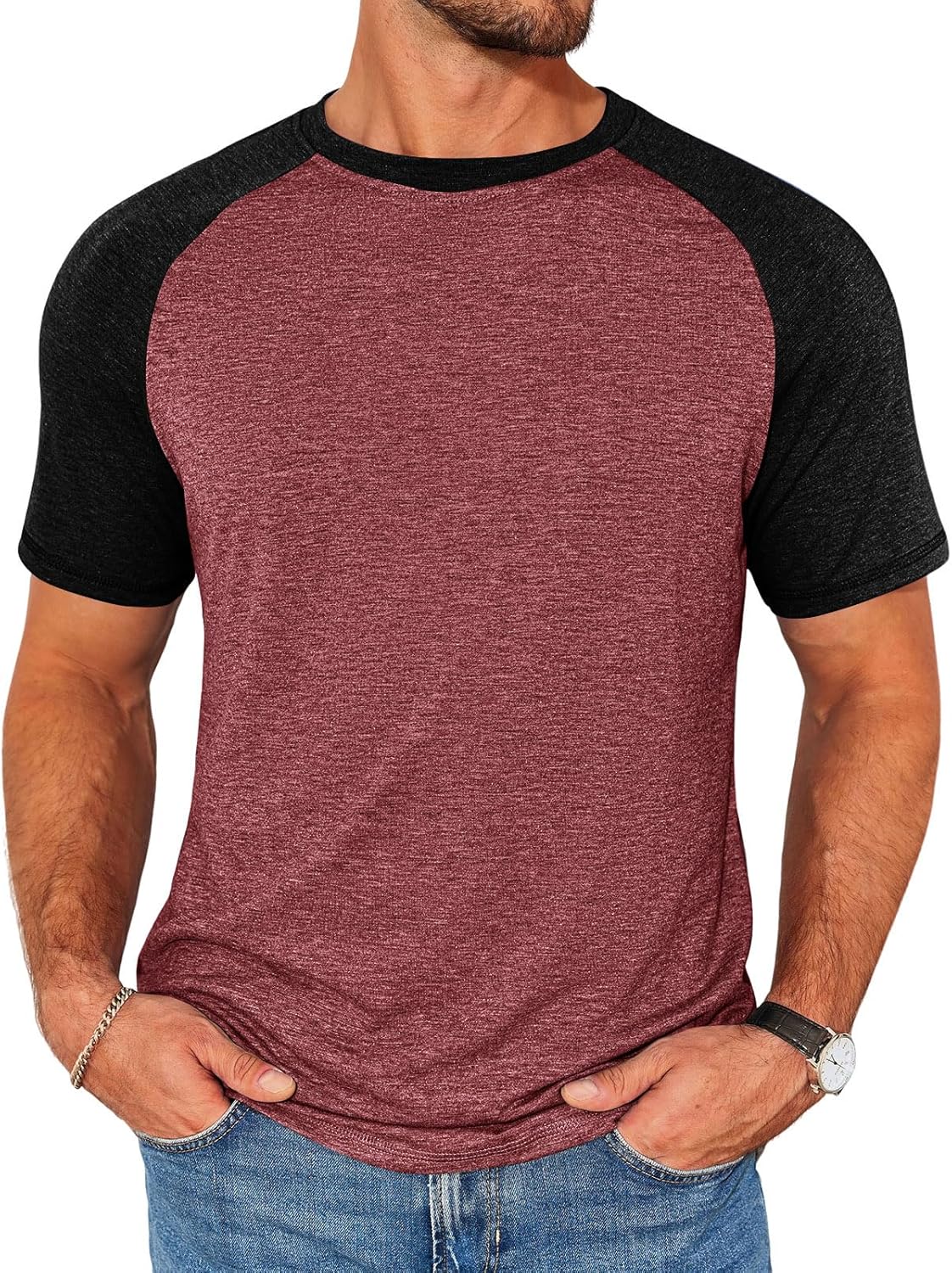 Runcati Mens Casual Slim Fit T Shirts Raglan Short Sleeve Crewneck Baseball Tees Color Block Workout Fashion Shirt
