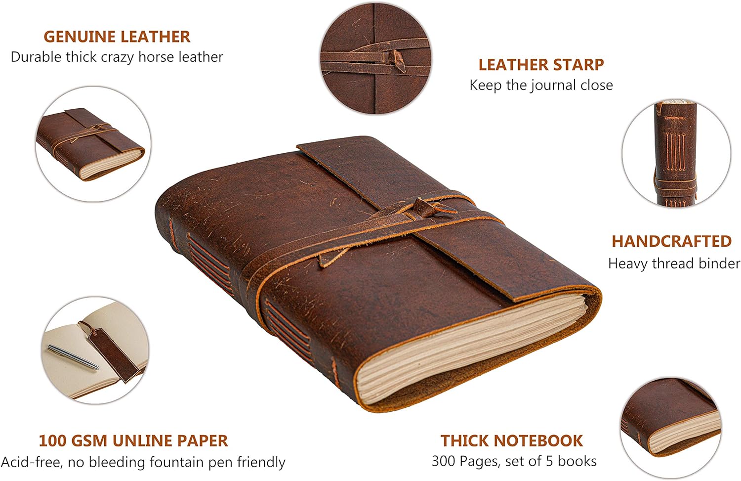 HLC Leather Journal Notebook - Rustic Handmade Vintage Leather Bound Journals for Men and Women - Antique Craft Unlined Paper 300 Pages, Leather Book Diary Pocket book To Write In (7.5" x 10" Inch)