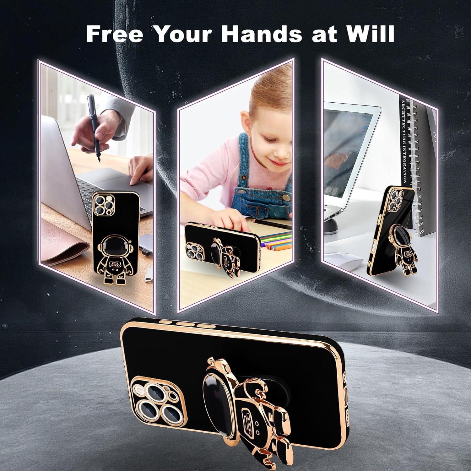 for iPhone 16 Pro Case, Cute 3D Astronaut Stand with [2 Screen Protector] [Camera Protection] Kickstand Shockproof Bling Silicone Soft Back Cover for Apple iPhone 16 Pro Phone Case, Black - Image 4