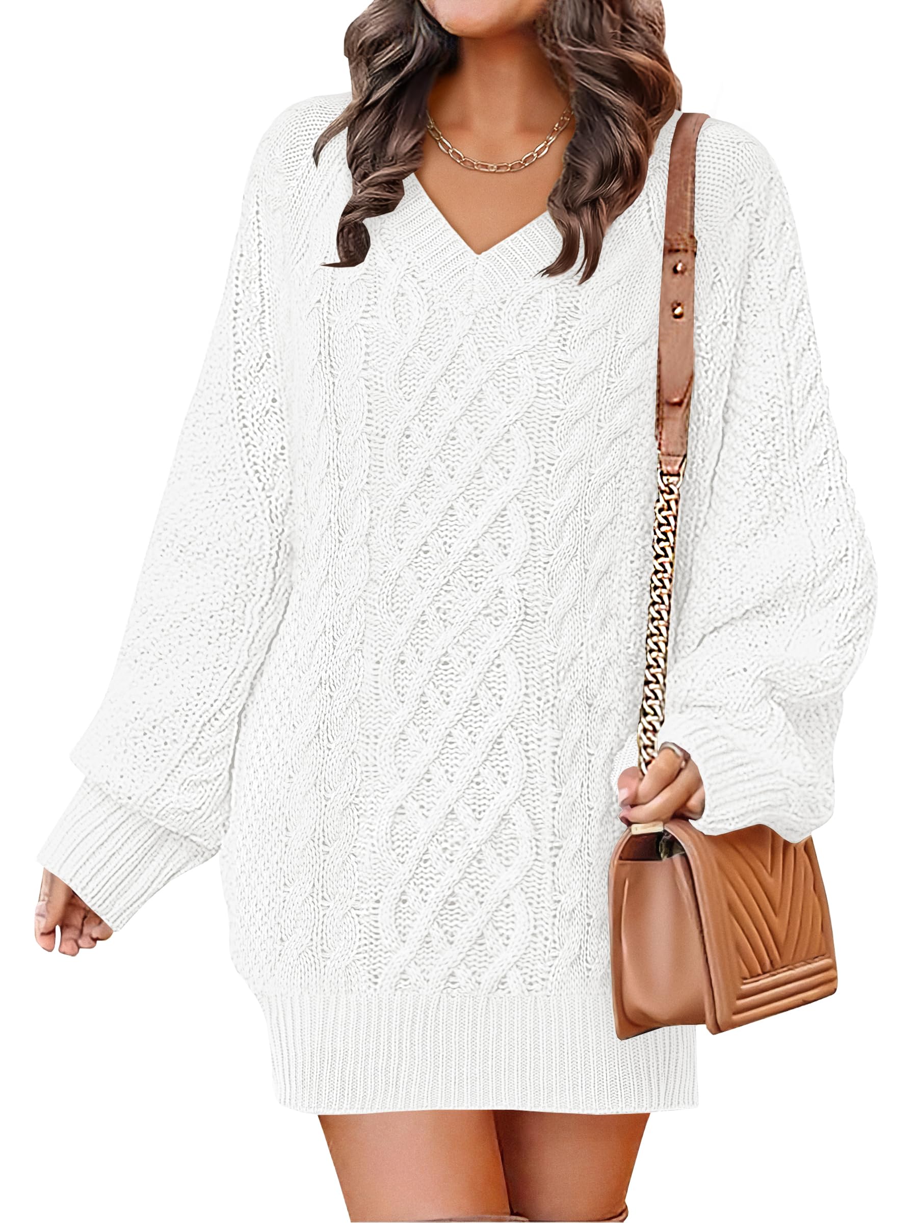 ANRABESS Women Sweater Dress Oversized V Neck Cable Knit Fall Long Sleeve