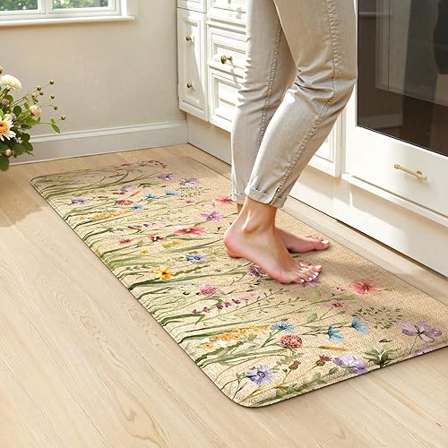 Miniatura 12 de KIMODE Tapete Antifatiga de Cocina para Piso, Juego de 2 Alfombras de Cocina Florales Estilo Granja, Tapetes de Piso de Cocina Antideslizantes,