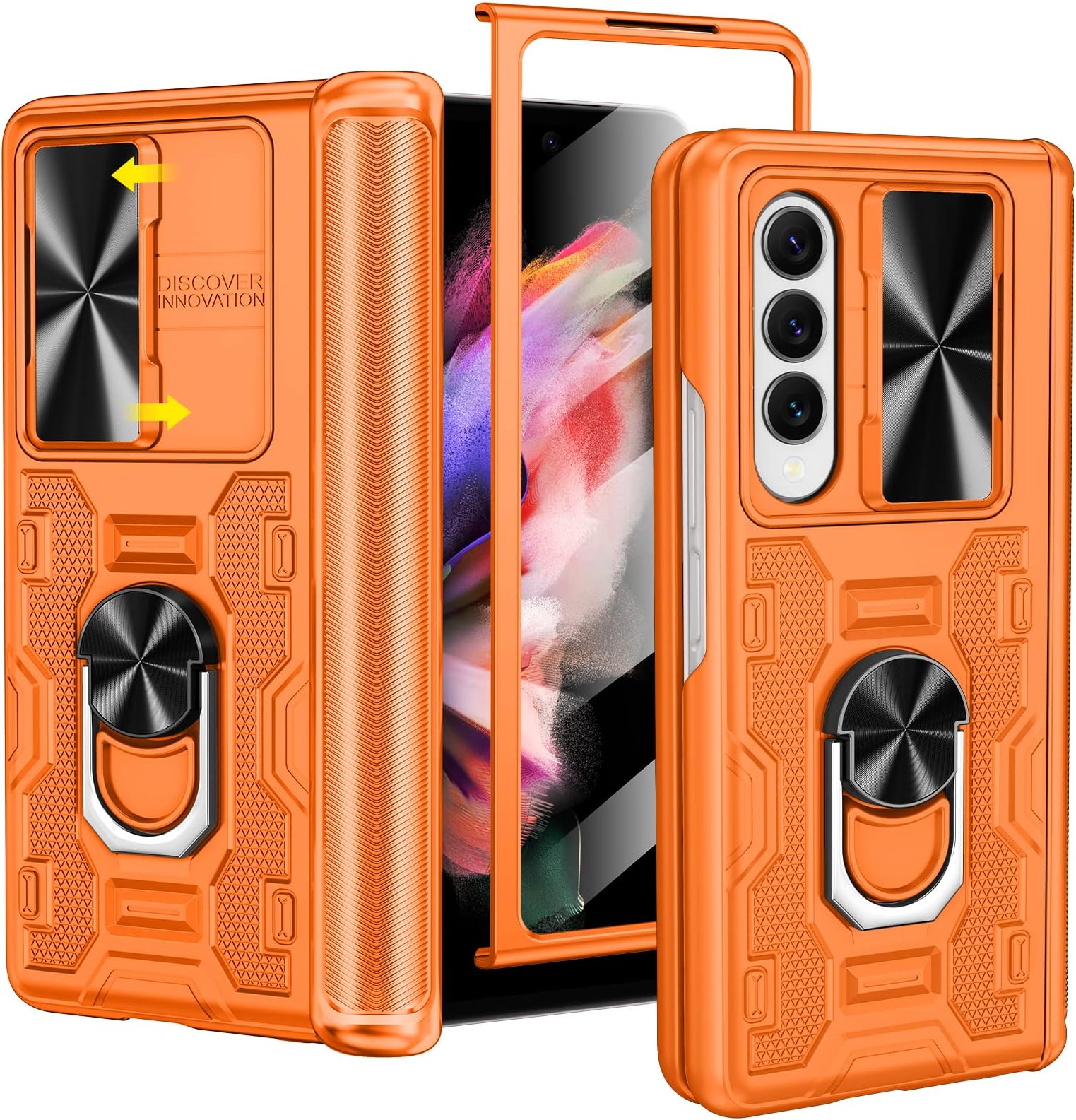 VEGO for Samsung Galaxy Z Fold 3 Case with Stand, Slide Camera Cover & Screen Protector & 360°Ring Magnetic Kickstand Military Grade Heavy Duty Protective Case for Galaxy Z Fold 3- Orange