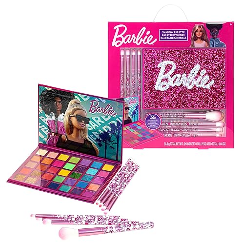 Townley Girl Barbie Paleta de sombras de ojos de 35 pozos, colores brillantes y opacos, pigmentada mezclable, 8 pinceles de aplicación no tóxicos
