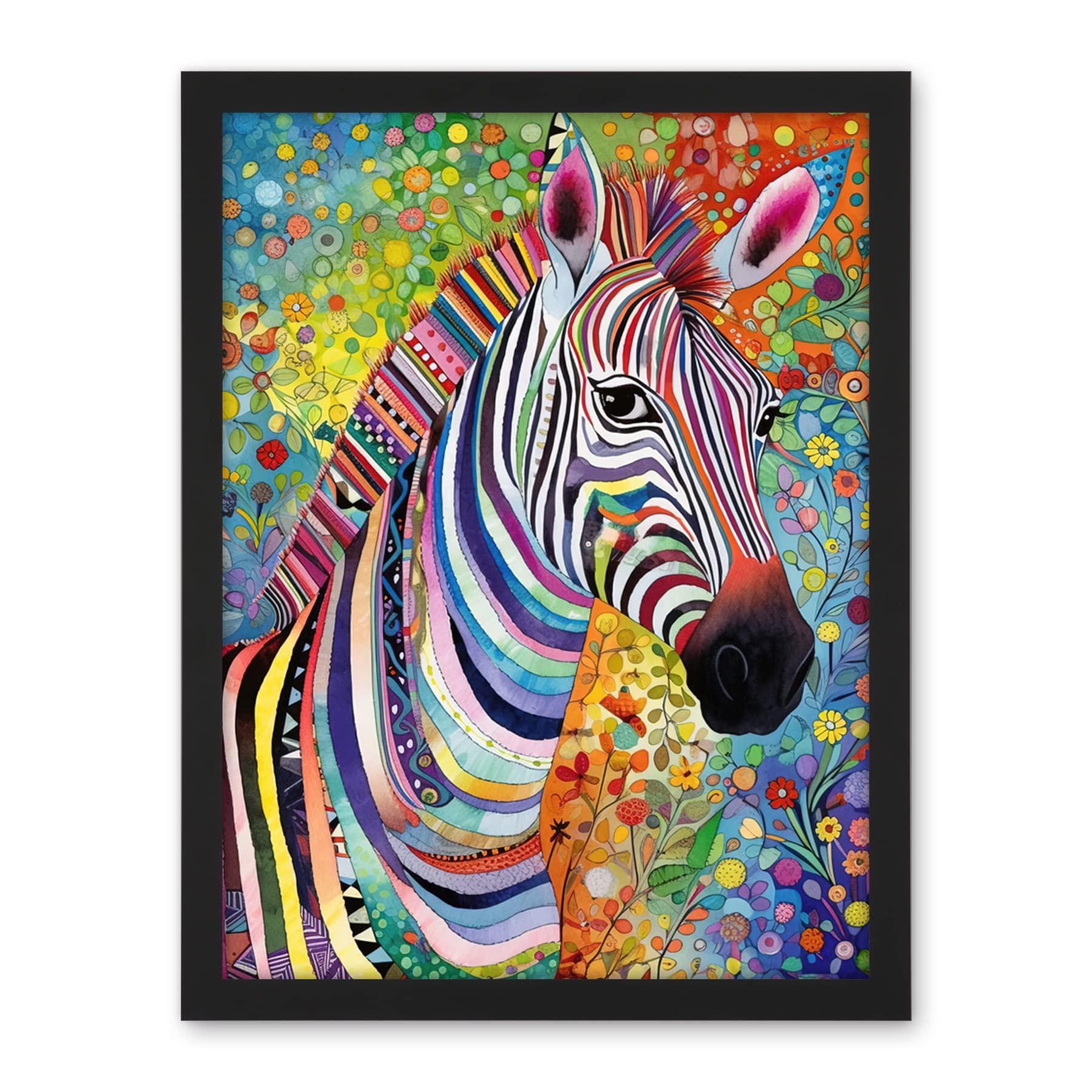 Artery8 Folk Art Zebra Colourful Flower Boho Artwork Framed Wall Art Print 18X24 Inch