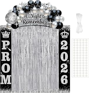 Prom Decorations 2026: Prom 2026 Banners Foil Fringe Backdrop Curtains Black and Silver Prom Send Off Decorations 2026 with Porch Sign for Door Home Photo Props Graduation Party Supplies