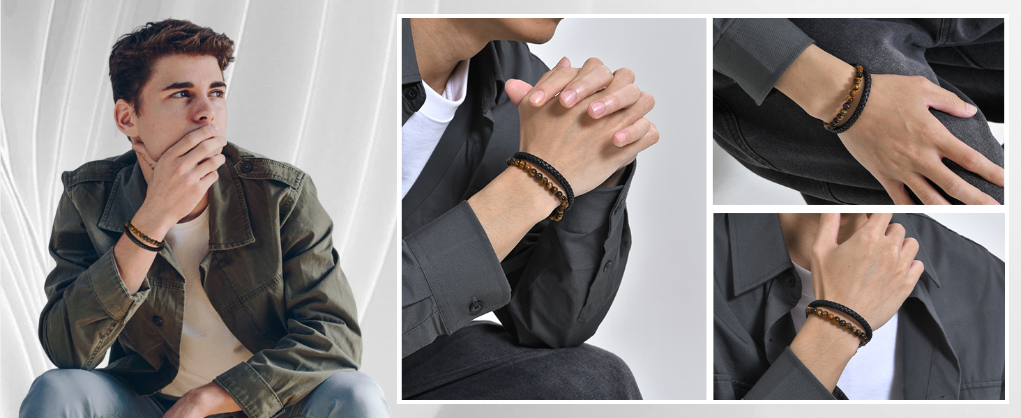 Bracelet Homme En Cuir Tressé Noir Et Pierres Naturelles Oeil De Tigre Fruugo CH
