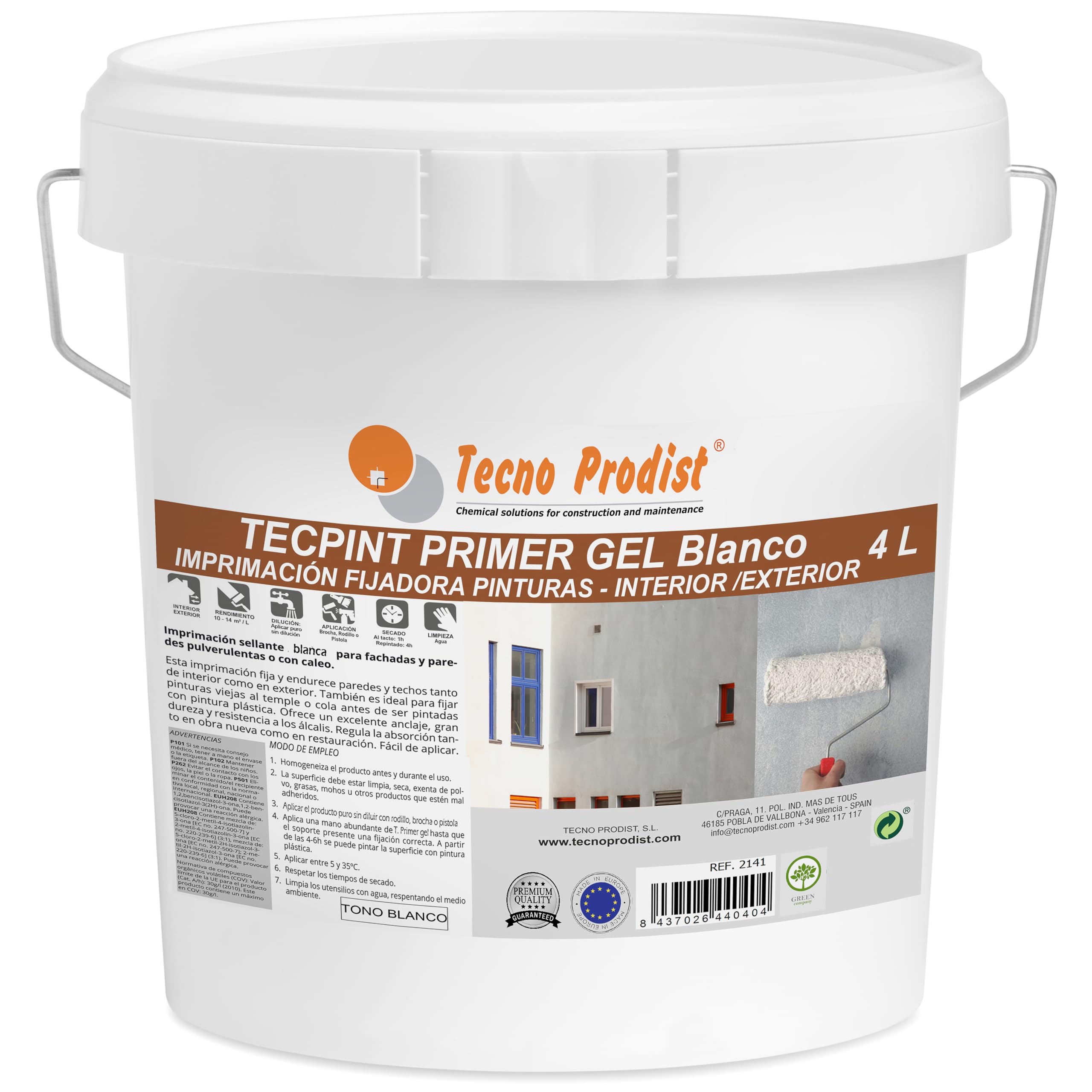 Tecno Prodist - TECPINT PRIMER GEL (4 Litros) Fijador al Agua al uso en gel, no salpica, sellante para Pintura en Exterior e Interior - Gran rendimiento y calidad (TONO BLANCO)
