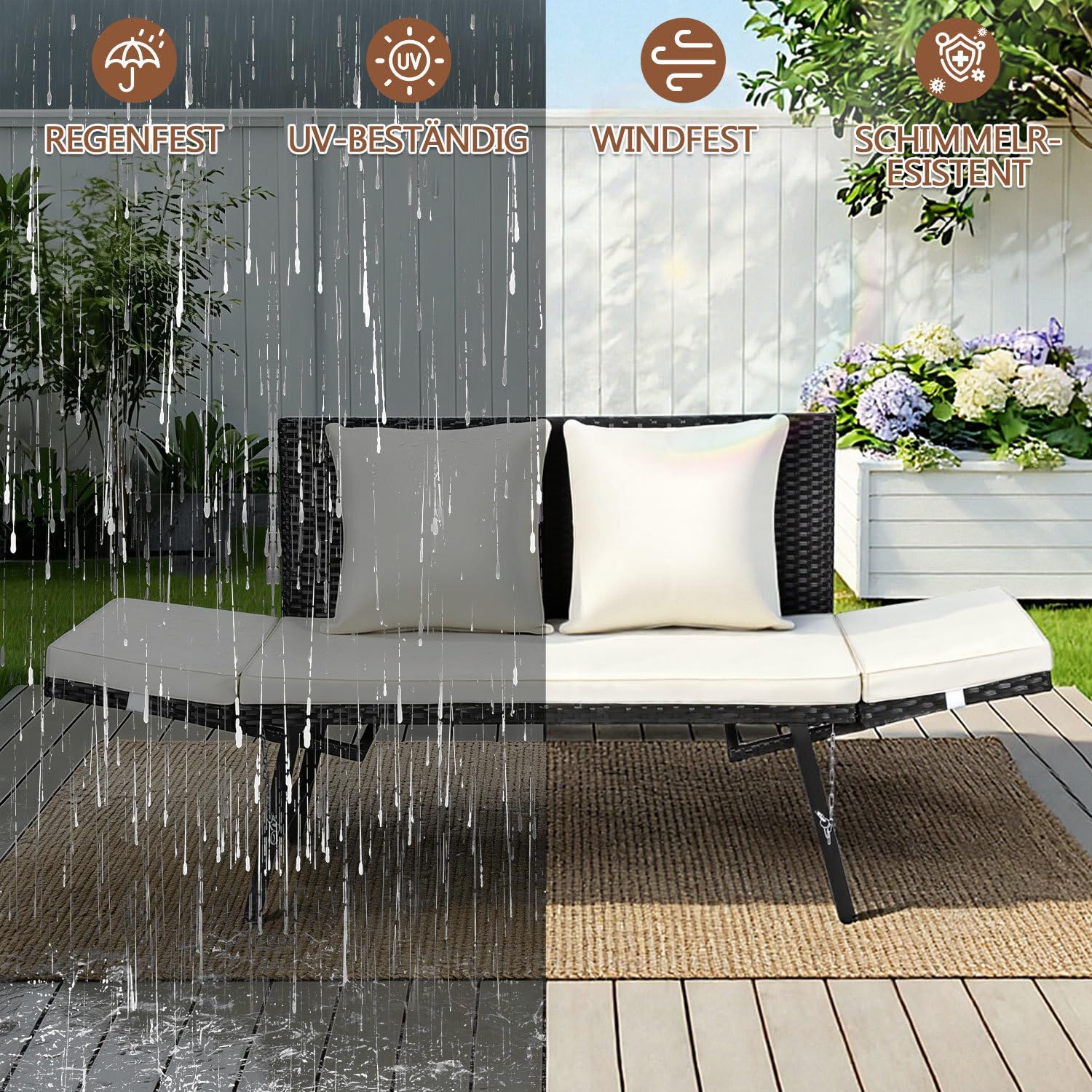 Panchina da giardino in polyrattan 3 in 1 con funzione sdraio, divano da giardino a 2 posti, braccioli pieghevoli (bulloni), mobili da salotto per esterni, con imbottitura spessa e cuscino