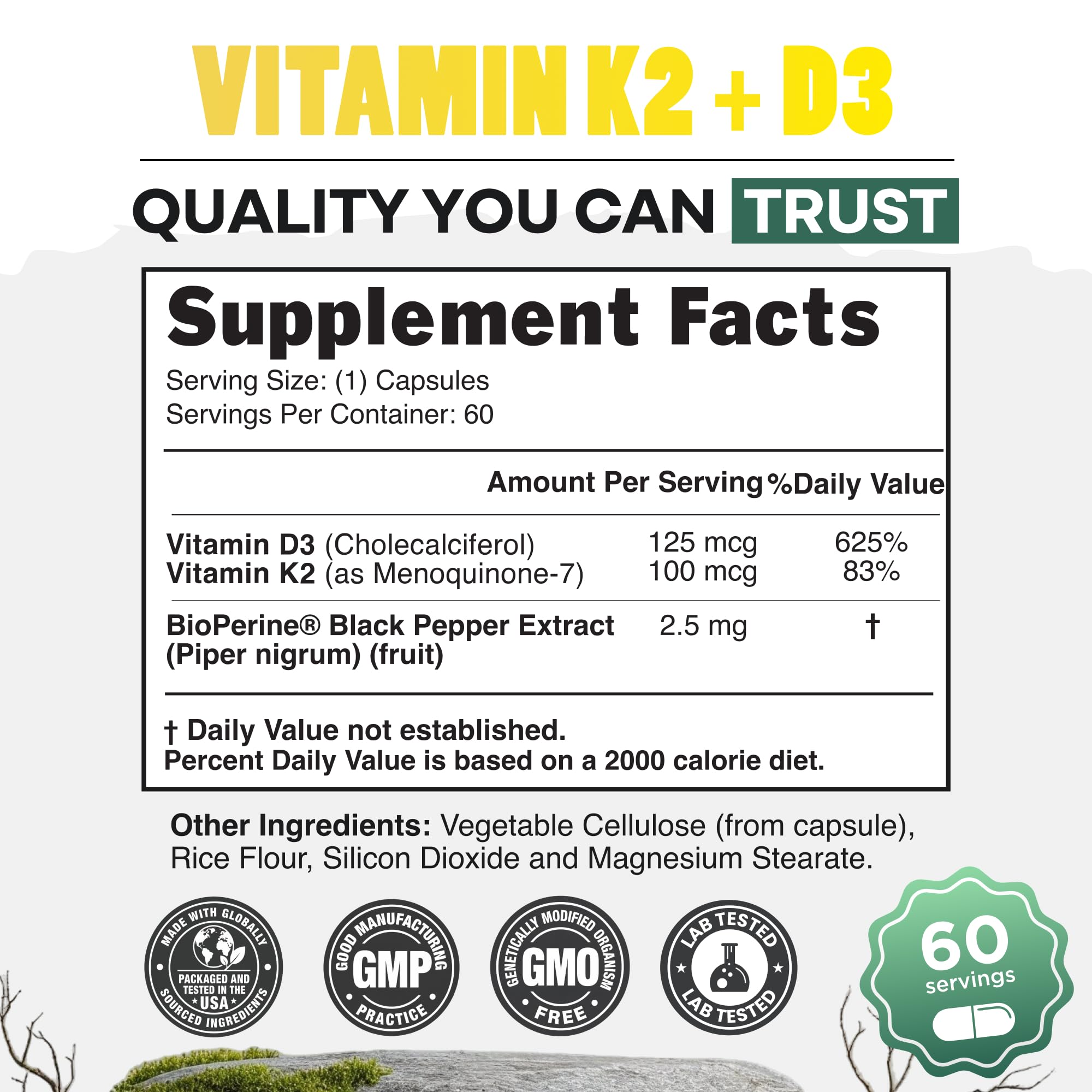 Wild Foods Vitamin D3 + K2 5000iu (100mcg MK7), Bone & Heart Health, 60 Ct — Amazon image 4