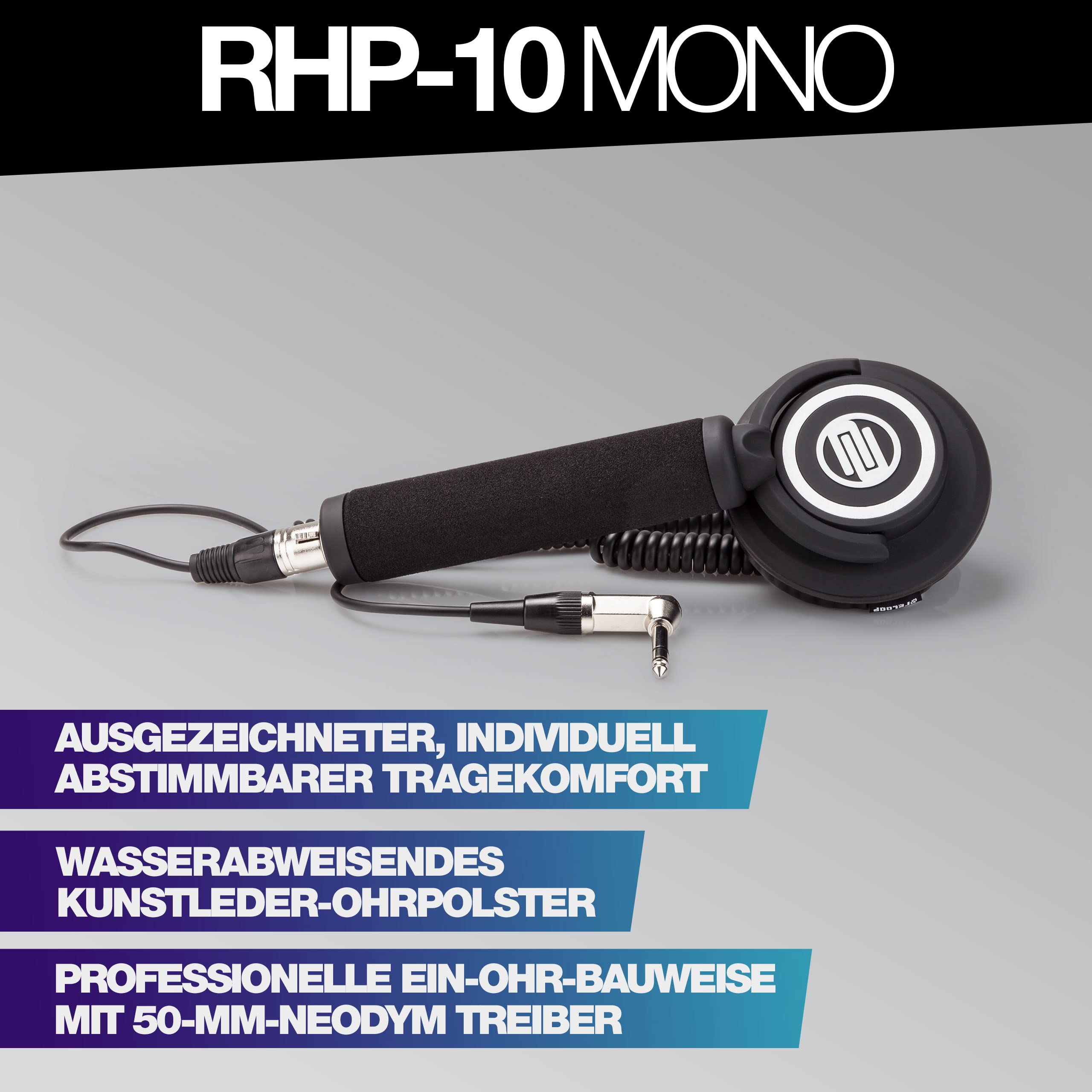 Reloop RHP-10 Mono - professionelle EIN-Ohr-Bauweise mit 50-mm-Neodym Treiber, ergonomisch gepolsterter Handgriff, Schwenkbare Ohrmuschel, schwarz