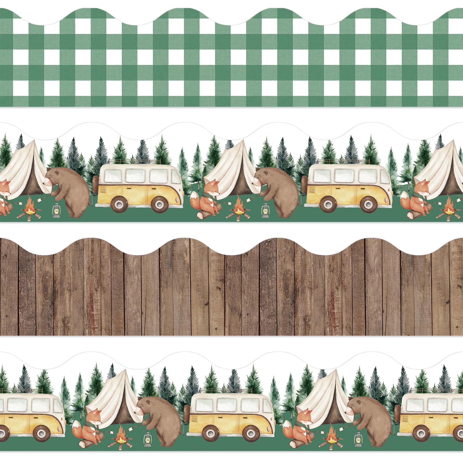 Bordure festonnée camping de 22,8 m autocollante pour frise murale et loisirs créatifs