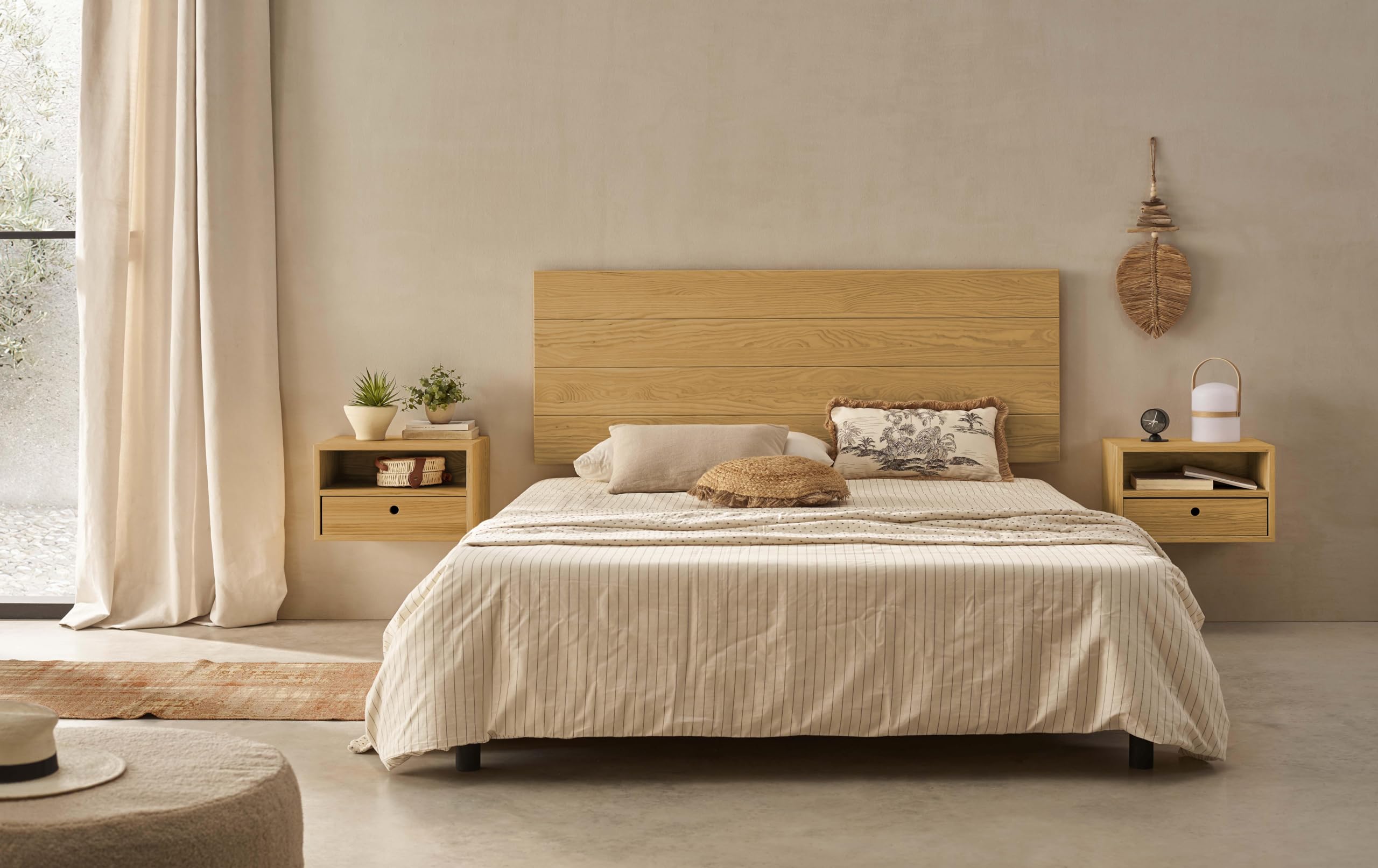 HOGAR24 ES - Cabecero Acabado Madera Maciza Natural + 2 Mesitas Flotantes con Cajón y Hueco Acabado Cera. Medidas Cabecero: 155 x 60 x 2 cm.