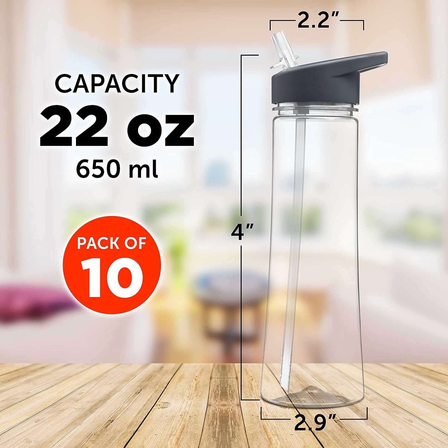 DISCOUNT PROMOS Plastic Bottles with Drink Spout 22 oz. Set of 10, Bulk Pack - Great for Gym, Hiking, Cycling, Camping, Backpacking, School - Clear