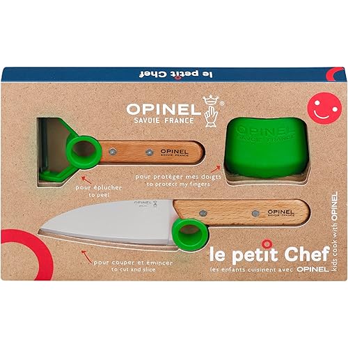 OPINEL Le Petit Chef Complete 3 Piece Kitchen Set, Chef Knife with Rounded Tip, Fingers Guard, Peeler, For Children and Teaching Food Prep and Kitchen Safety, Made in France (GREEN)
