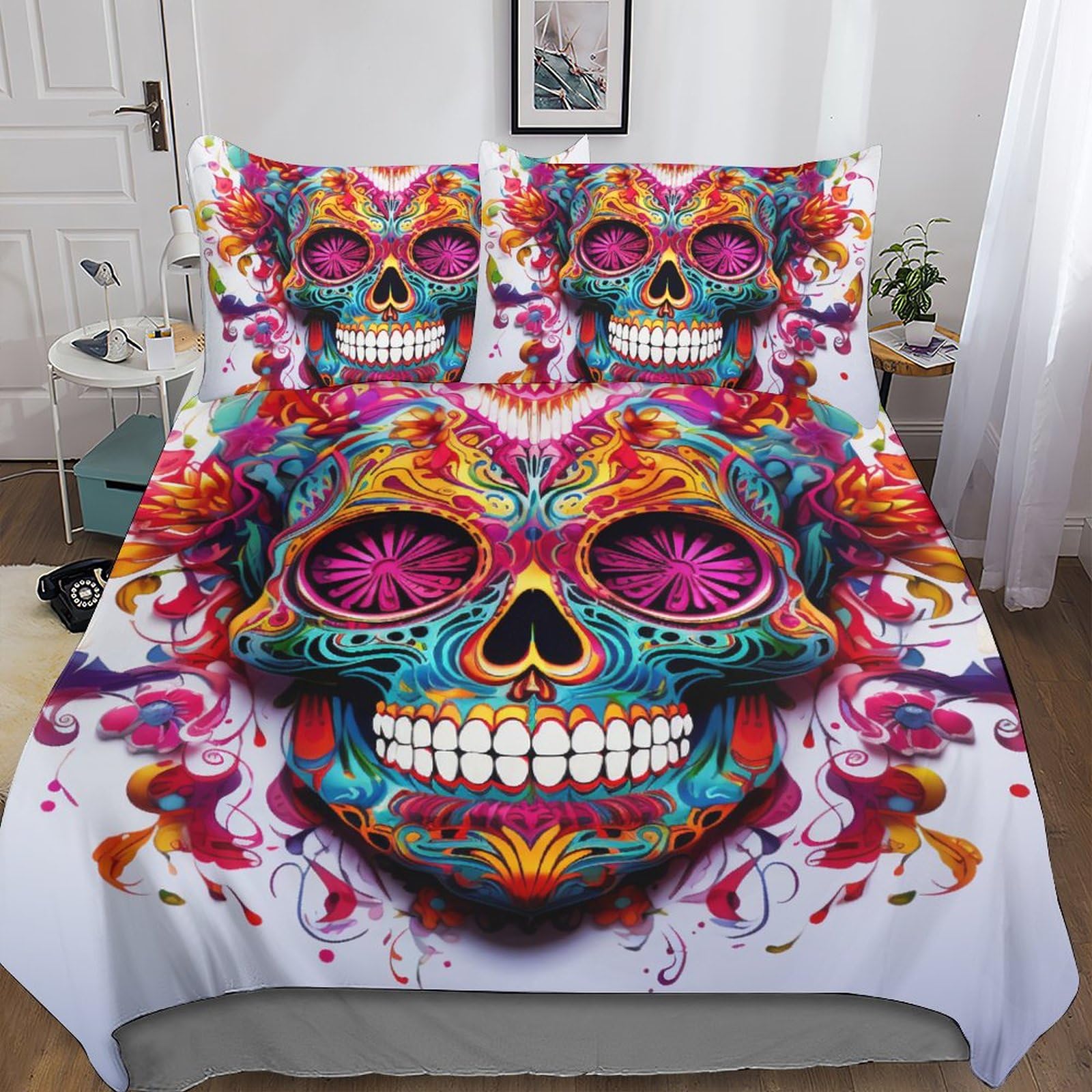 Parure de lit gothique colourful skulls avec housse de couette 3D et taie d'oreiller en microfibre
